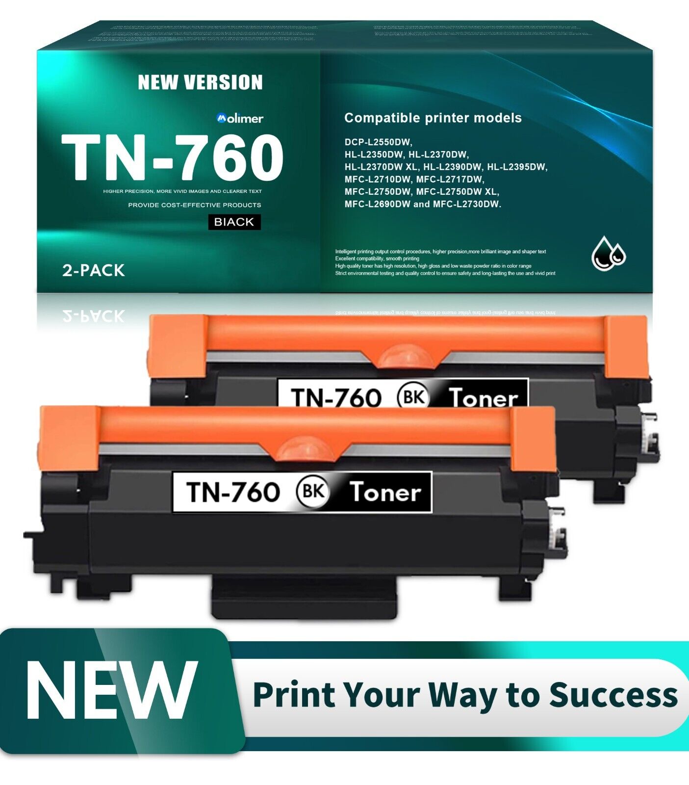 TN760 High Yield Toner Cartridge Replacement for Brother  HL-L2390DW Printer 2BK