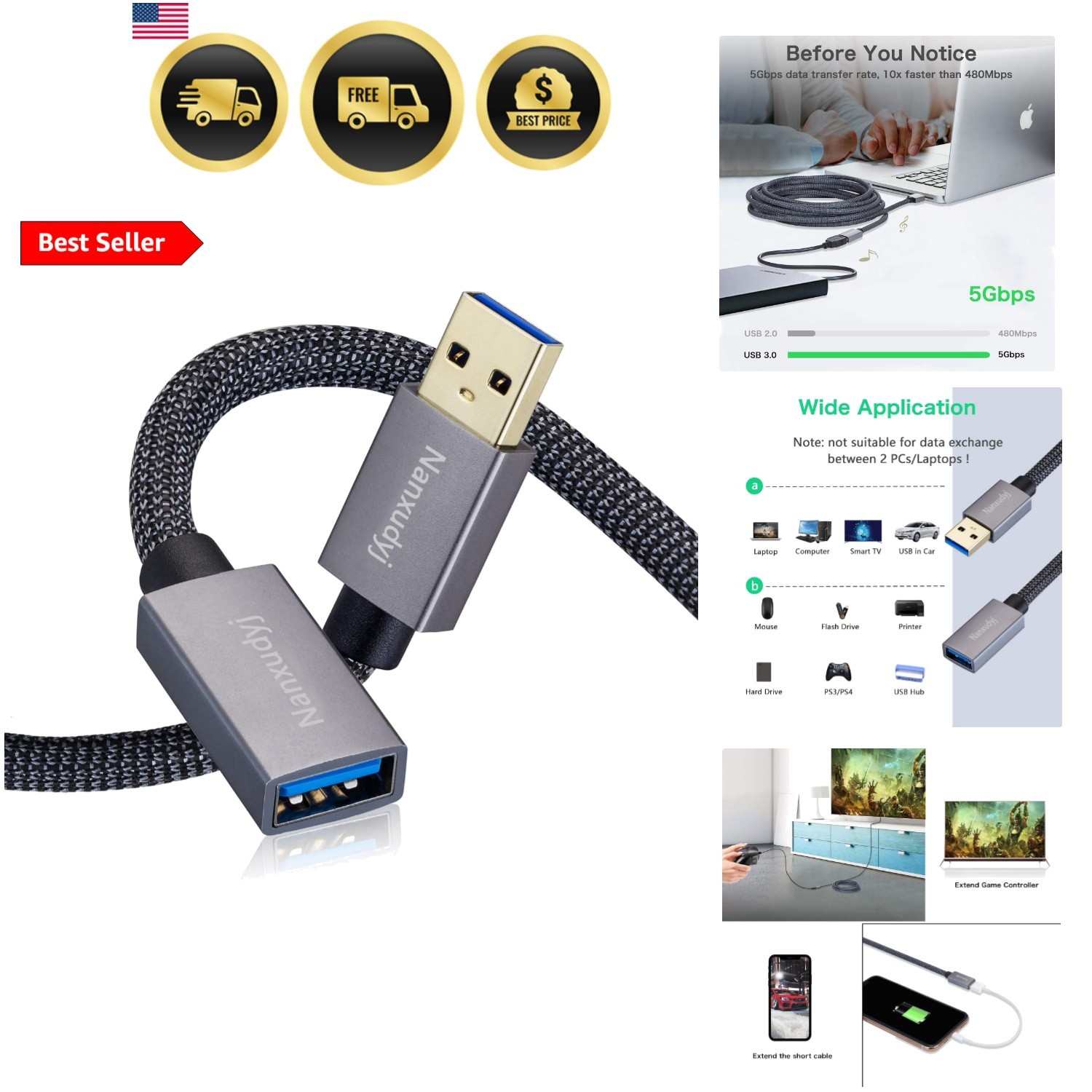 USB 3.0 Extension Cable 1ft/0.3m, USB Extender Cable Type A Male to Female 5G...