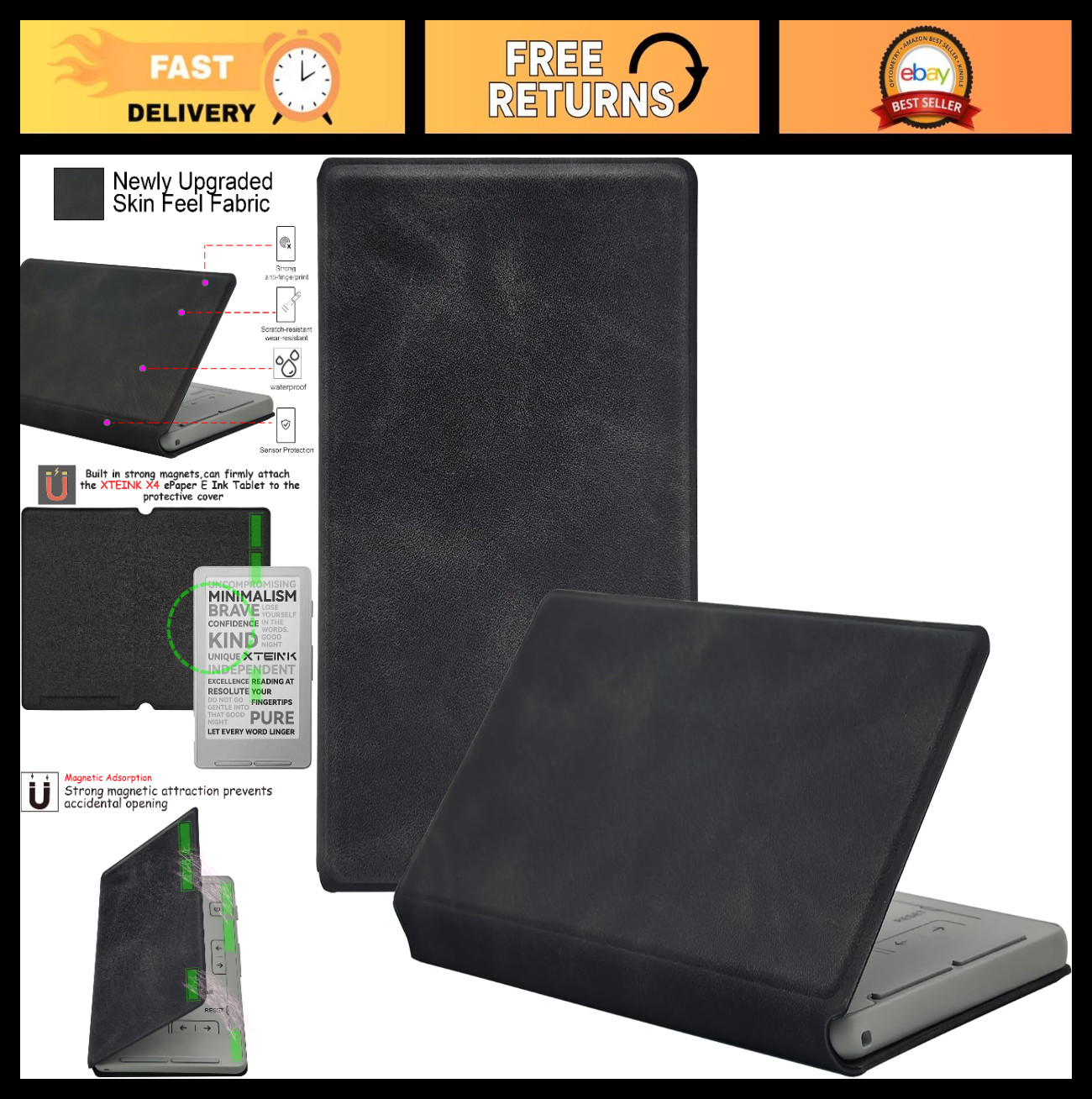 Ultra Thin Magnetic Case for 4.3" E-Book Reader, Lightweight Leather Cover, Matt