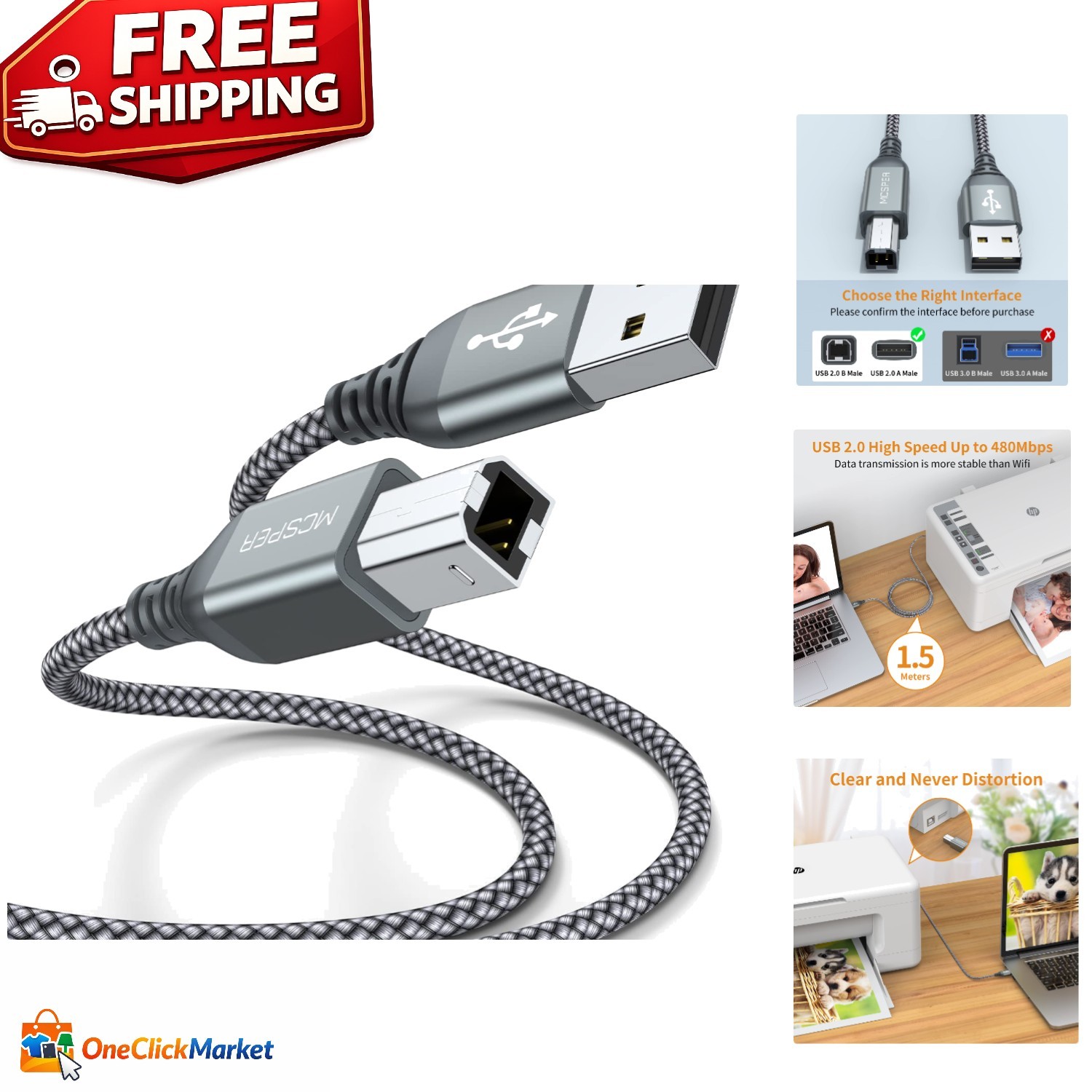 Durable USB A to B Cable 5FT (2-Pack) - Universal Compatibility for Printers