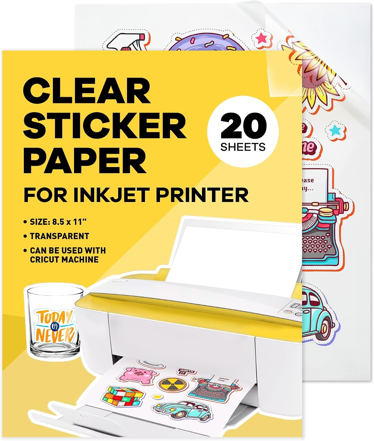 90% Clear Sticker Paper for Inkjet Printer (20 Sheets) - Transparent Glossy 8.5