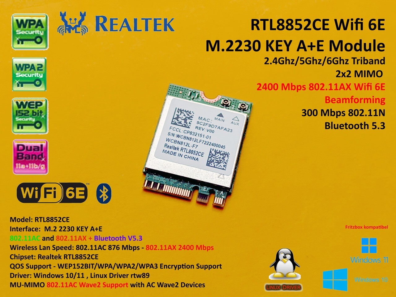 WIFI 6E Bluetooth 5.3 802.11AX WiFi 2400Mbps M.2 KEY A+E Windows Linux RTL8852CE