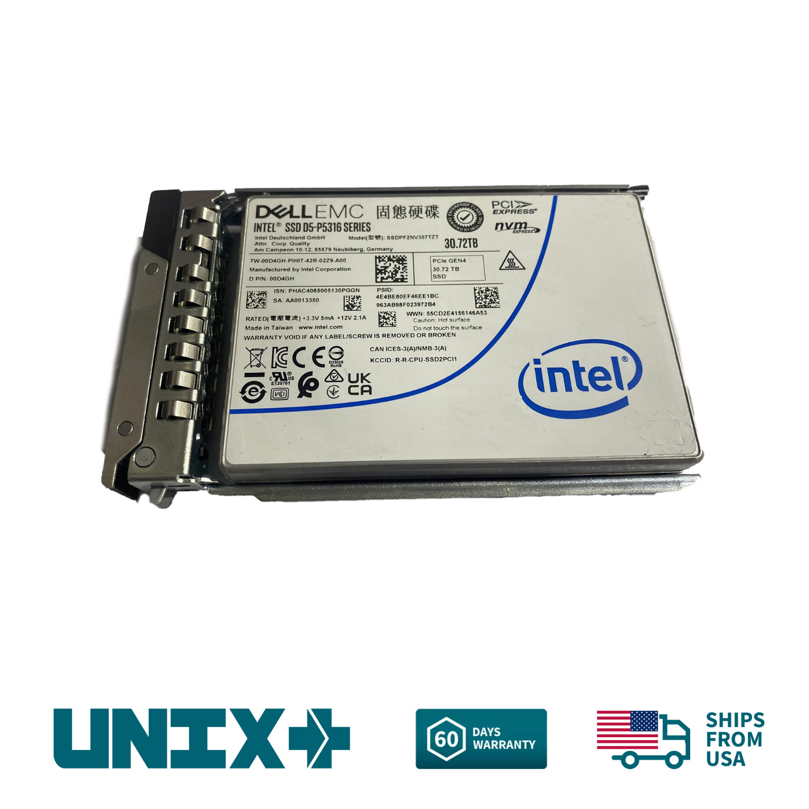 DELL EMC 2.5" 30.72TB PCIe Gen 4 NVMe QLC 3D NAND 800K IOPS w/ Gen 14 caddy