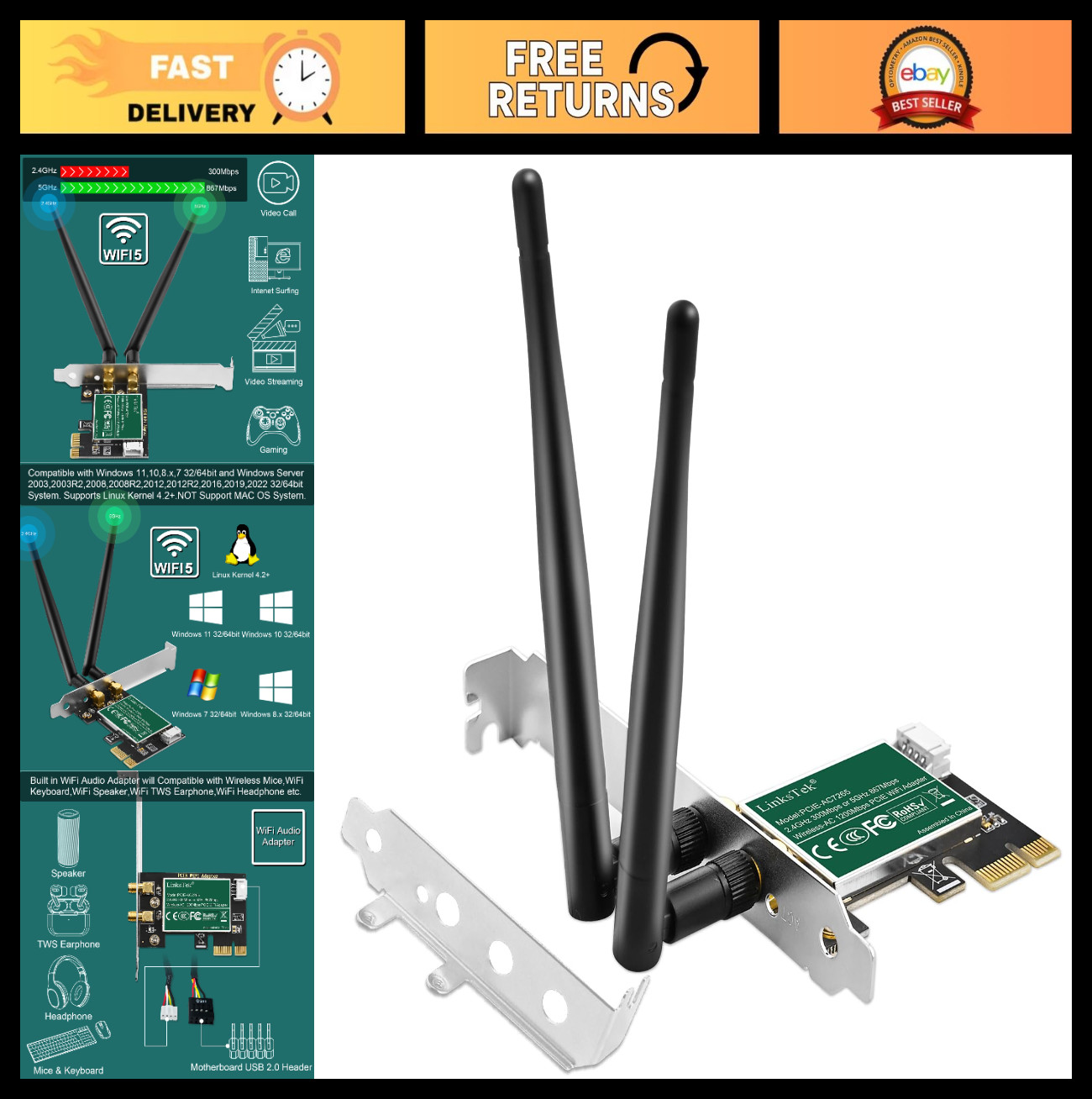 High-Speed Wireless AC 1200Mbps PCIe WiFi Adapter for Desktop PC, Windows 11/10/