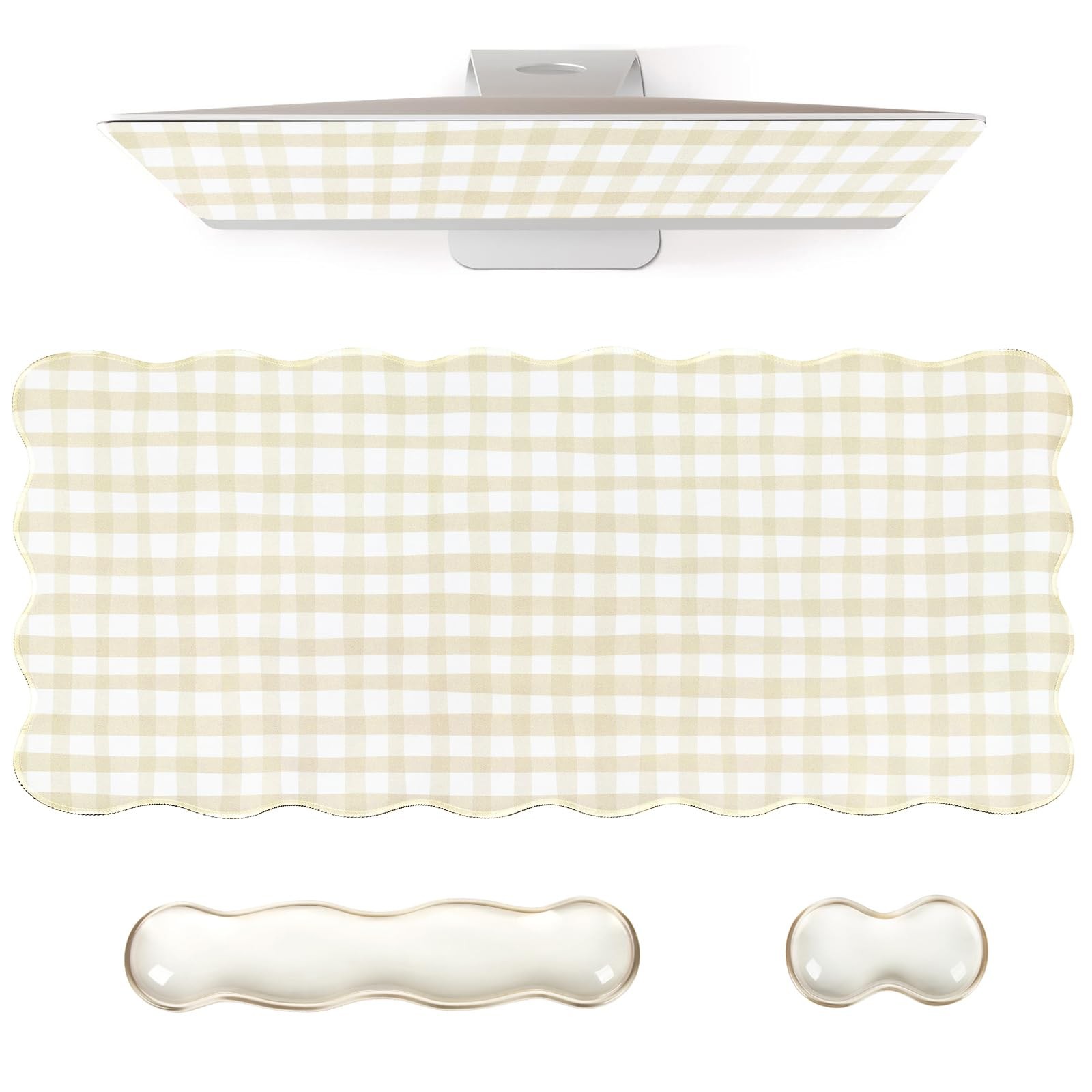 Beige Checkered Mouse Pad Set,Cottagecore Scalloped Desk Mat Set