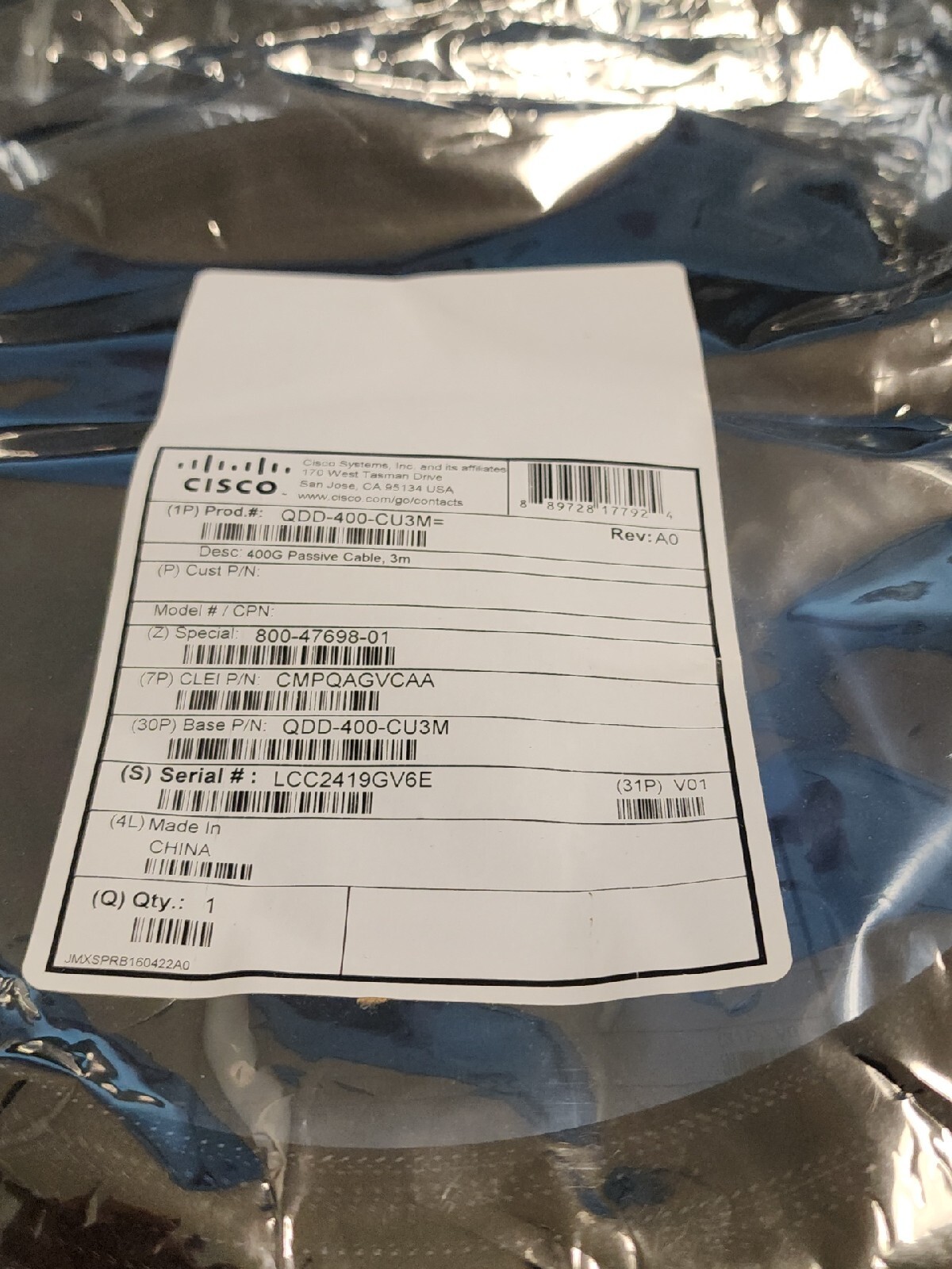 CISCO QDD-400-CU3M - 400G Passive Cable 3m - 800-47698-01 New Two Years Warranty