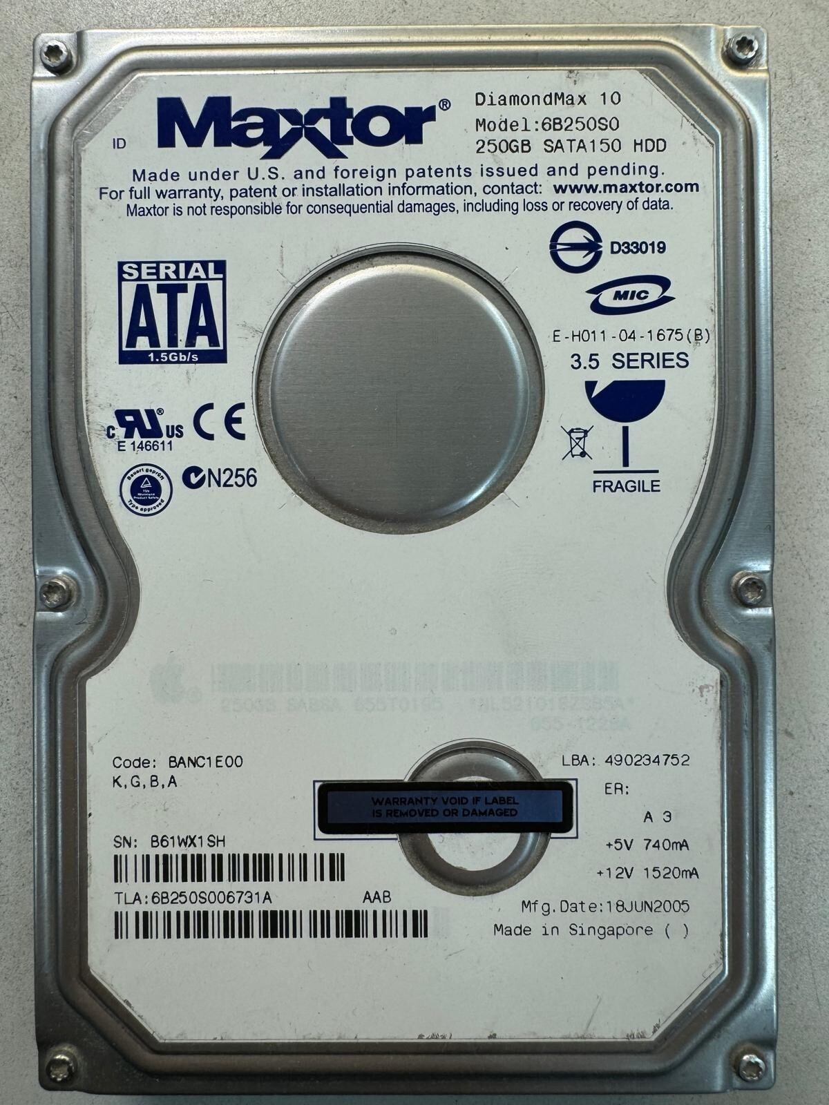 MAXTOR 6B250S0 DIAMONDMAX 10 250GB 7.2K RPM Cache 16MB 1.5 Gb/s SATA-150 3.5"