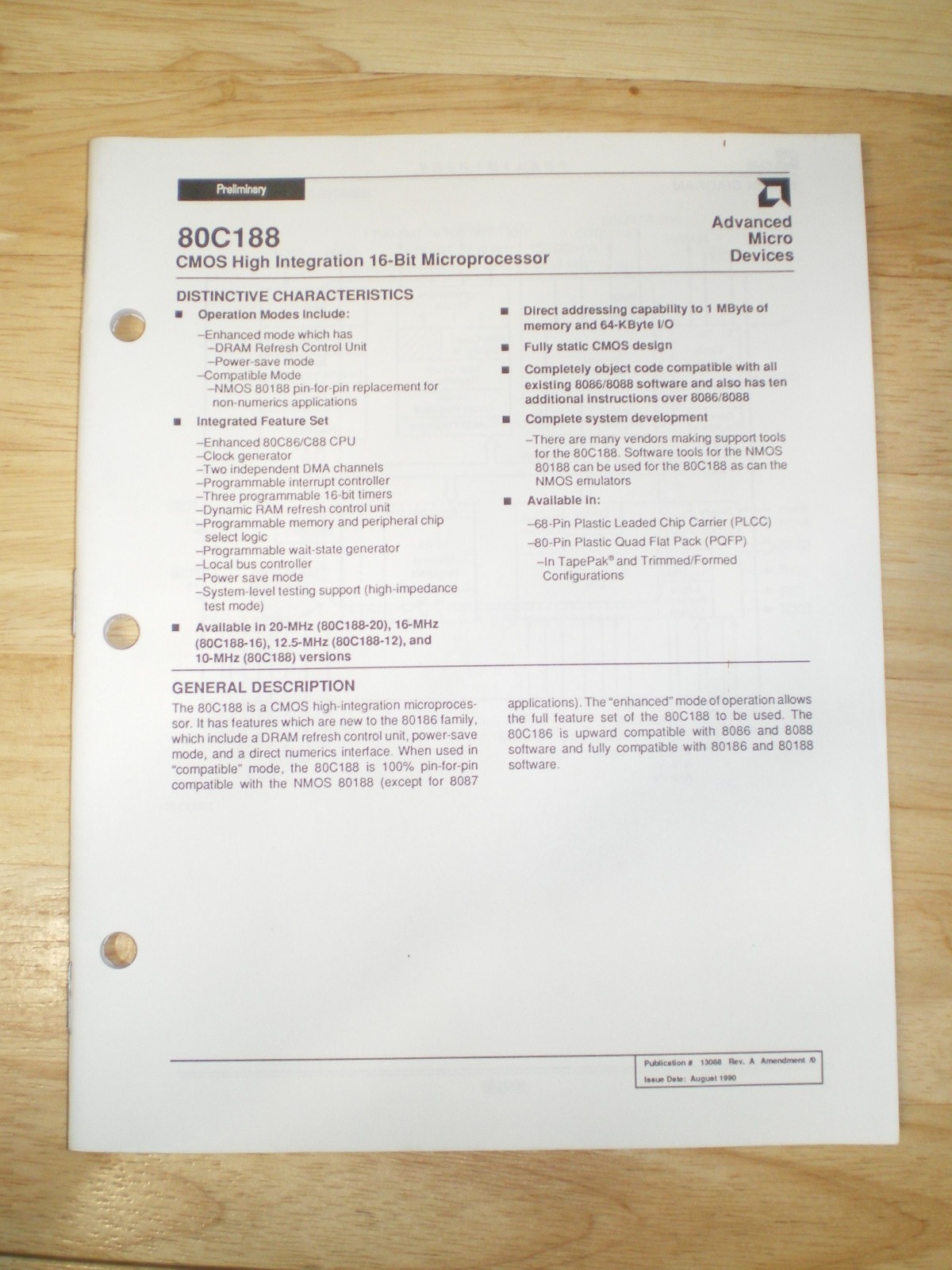 AMD Advanced Micro Devices 80C188 16-bit Microprocessor Manual Preliminary
