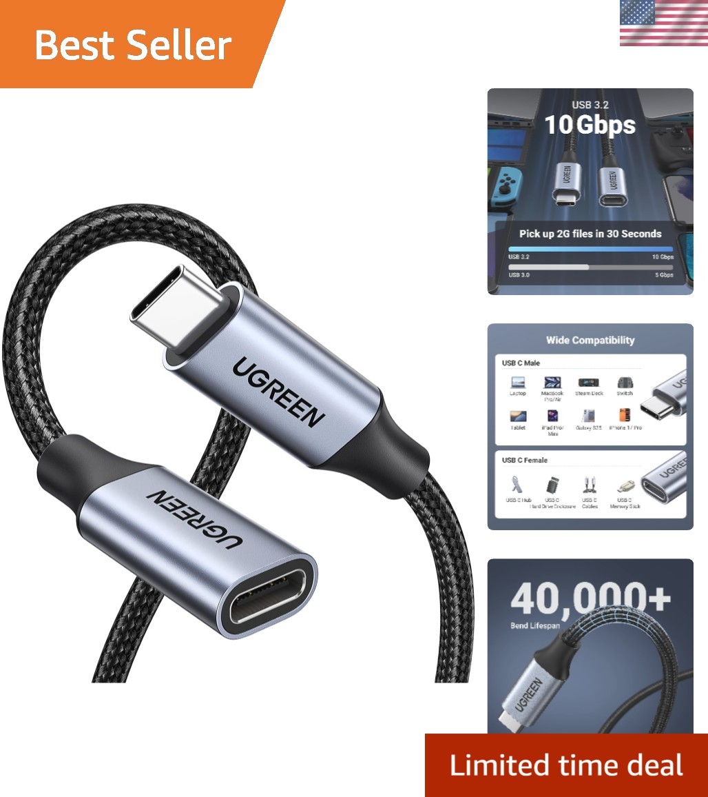Durable 3.3 ft USB C Extension Cord - Fast Charging & Data Transfer 10Gbps