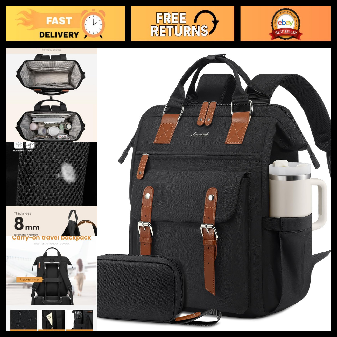Stylish Waterproof Laptop Backpack for Women - Large Cup Holder, 15.6" College &