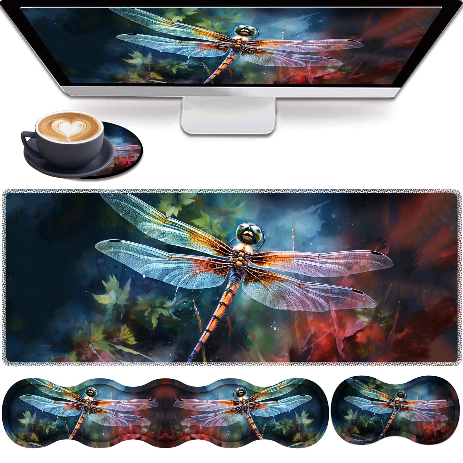 4 in 1 Mouse Pad Combo, Large Gaming + Large, Art Dragonfly