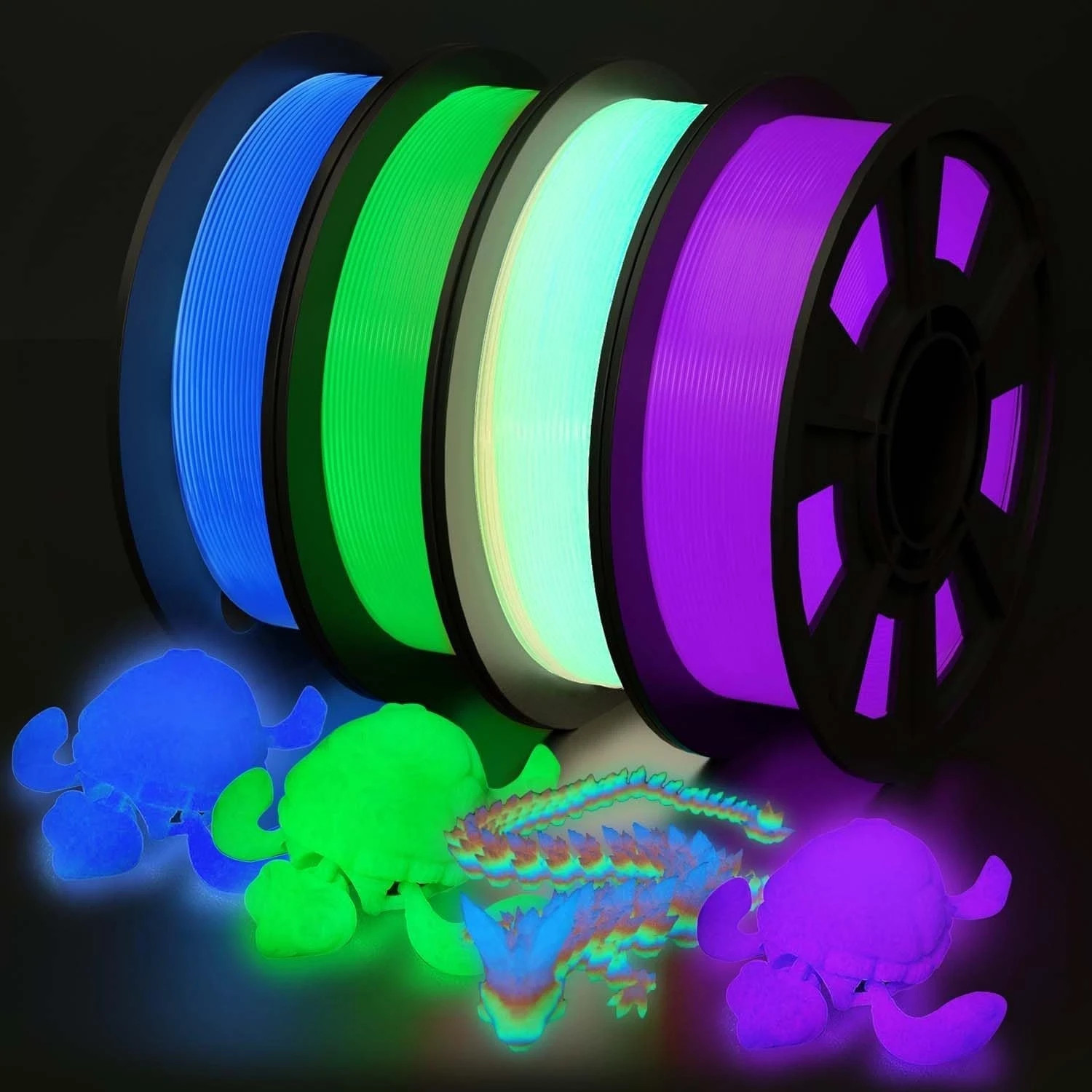3D Printer Filament Bundle Glow in Dark Multicolor PLA 1.75mm 4 Pack