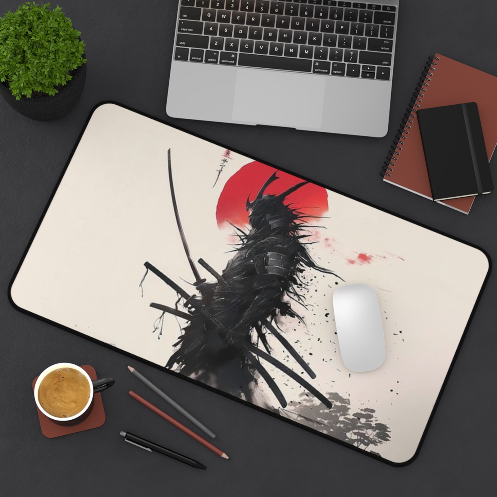 Samurai Silhouette Desk Mat | Red Sun Japanese Ink Artwork