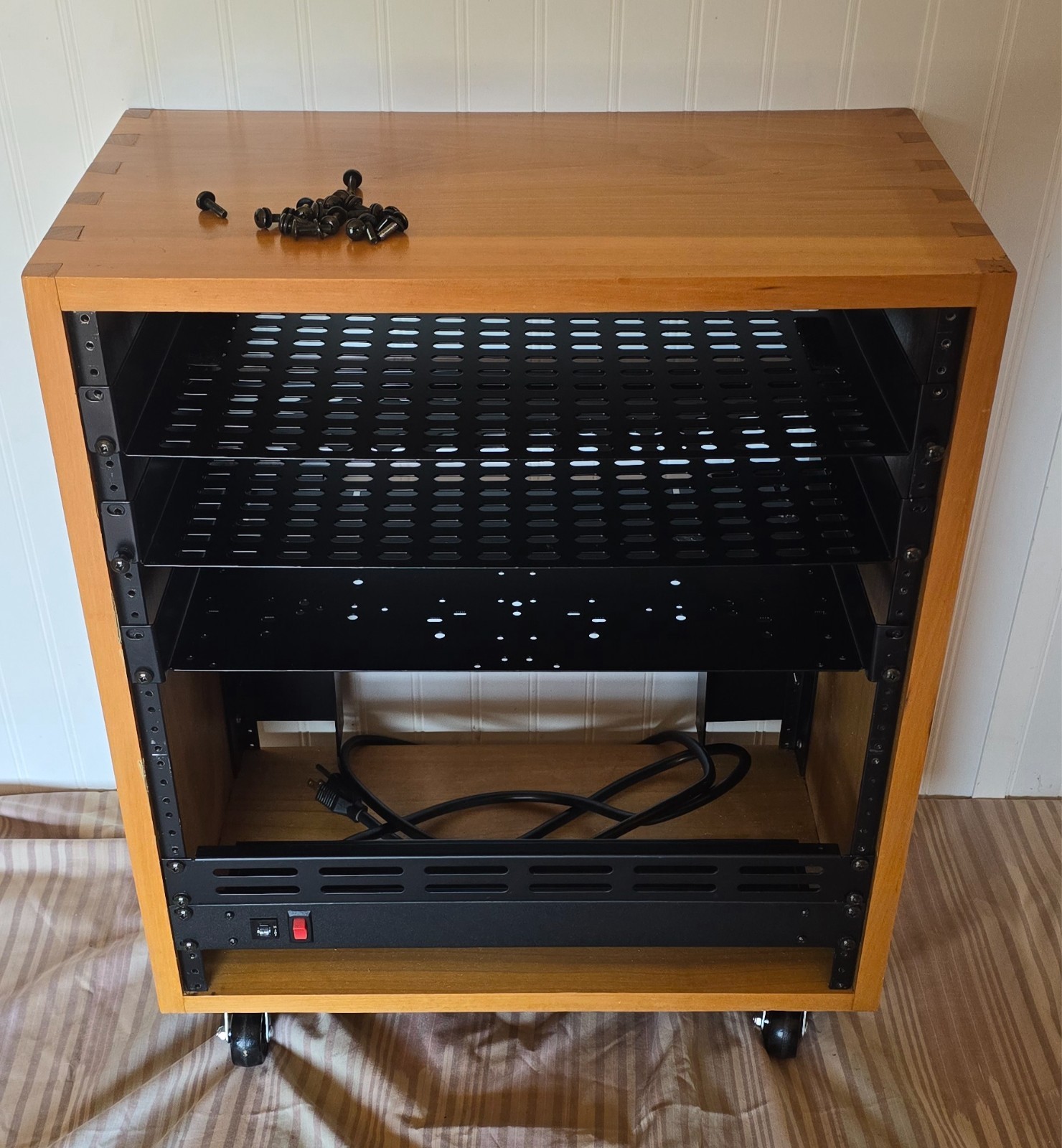 Custom Solid Wood 12U Rolling Studio Rack Dovetail Joint Black Box PDU & shelves