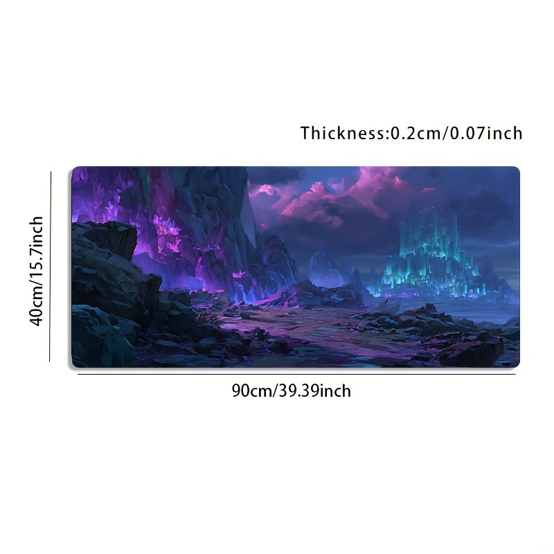 A Large Gaming Mouse Pad Featuring a Purple-Blue Fantasy Landscape with a Crys
