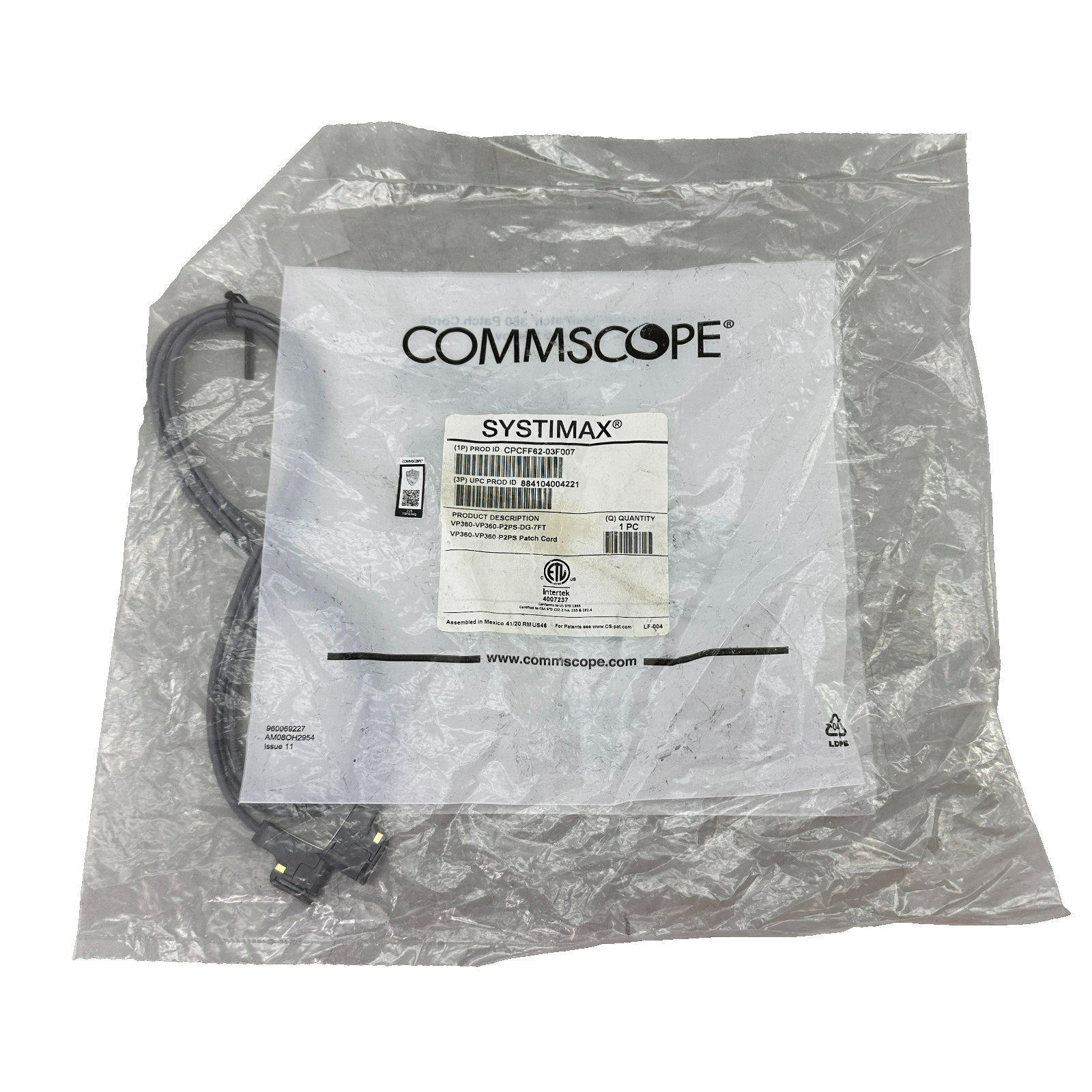 CommScope SYSTIMAX VP360-VP360-P2PS-DG-7FT Patch Cord GigaSPEED X10D 7ft Grey