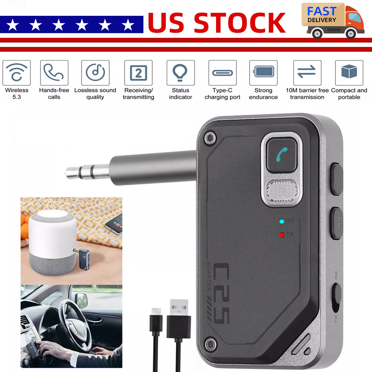 Bluetooth 5.3 Transmitter Receiver 3.5mm Jack AUX Home Stereo Car Audio Adapter