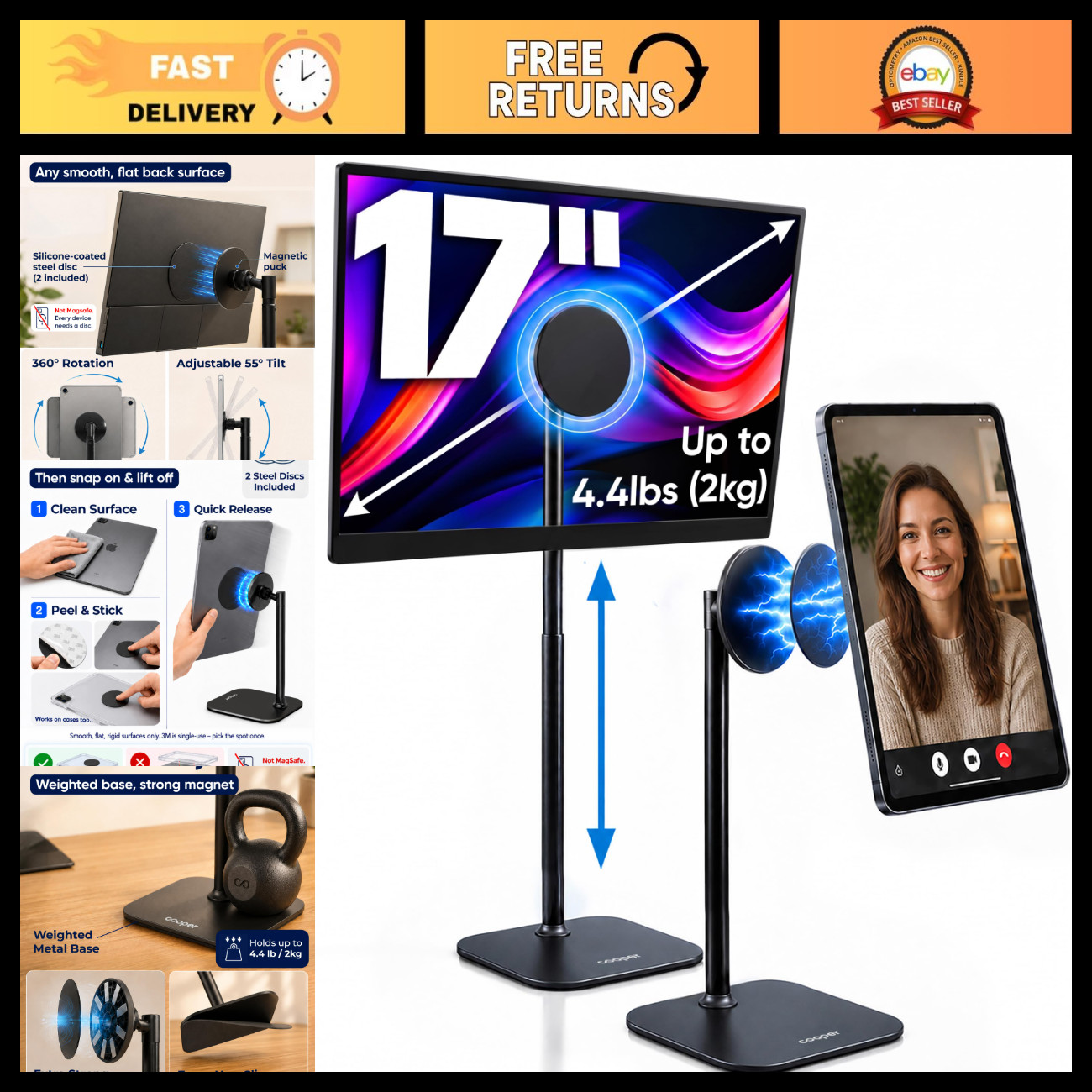 Magnetic iPad Stand for Desk - Adjustable Tablet Holder, Universal Compatibility