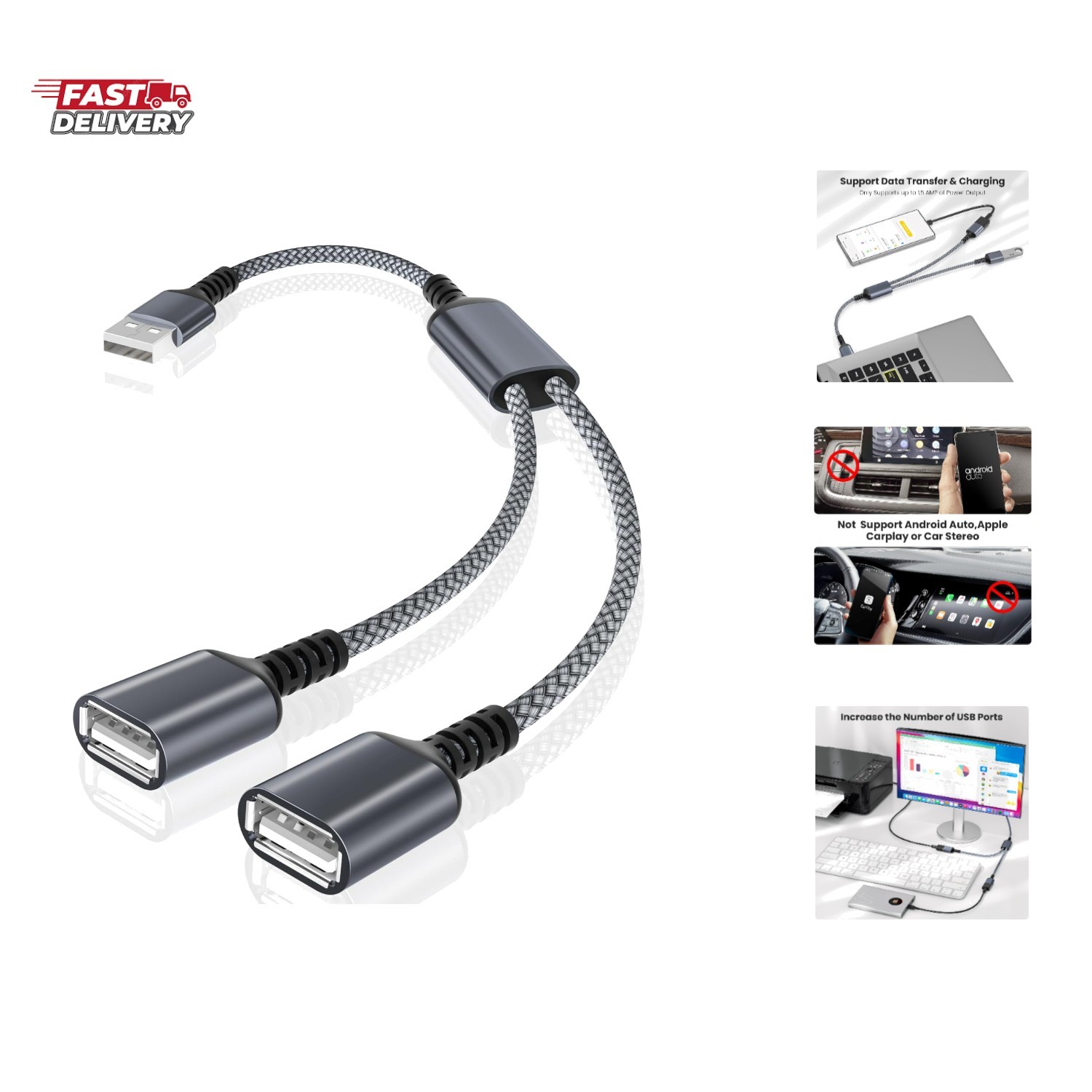 USB Splitter 1 in 2 Out 1FT,USBA Male to Double Female Y Cable Extension Adap...