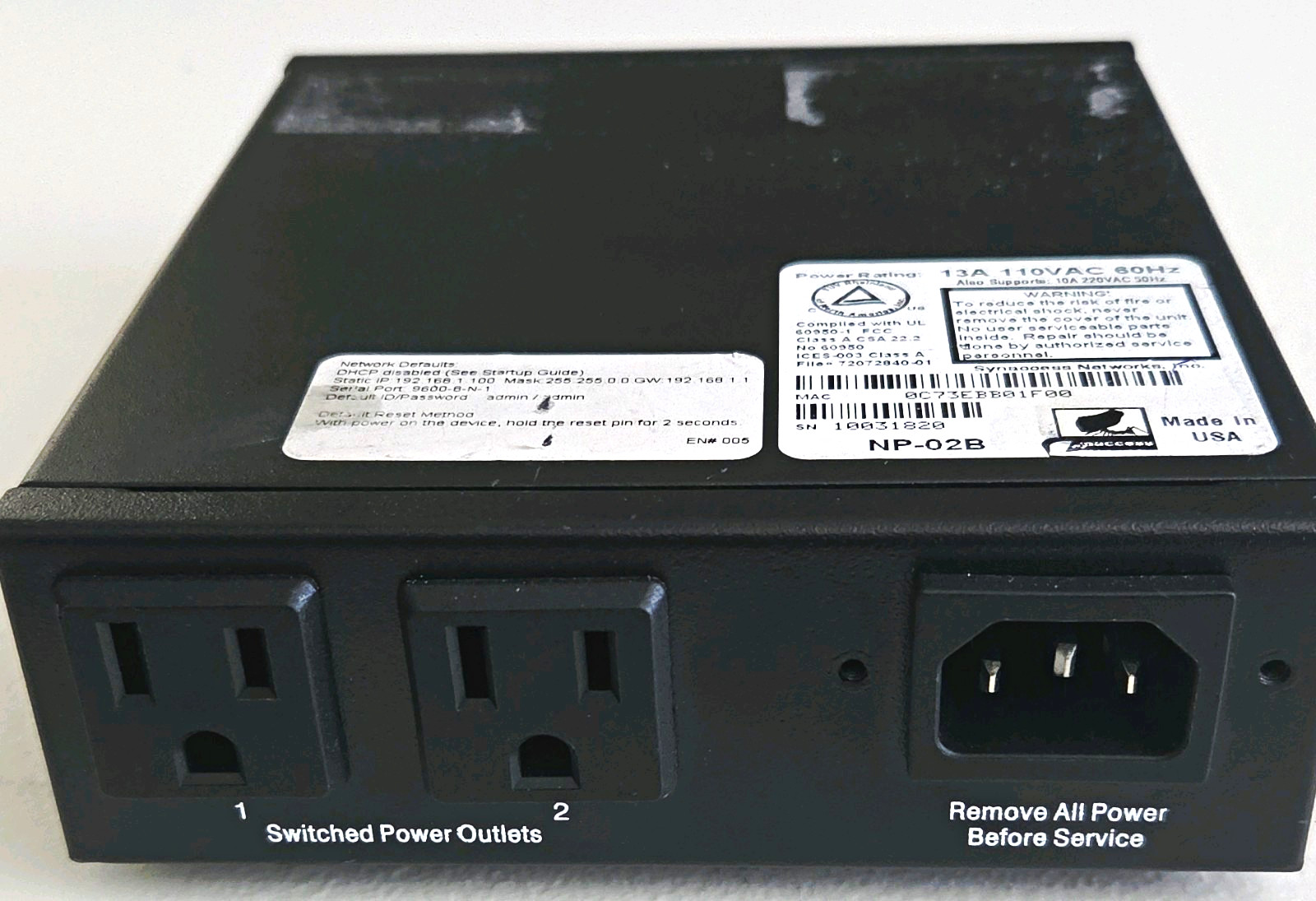 Synaccess netBooter NP-02B PDU 2-Outlet 13A 110/220VAC RJ-45 RS-232