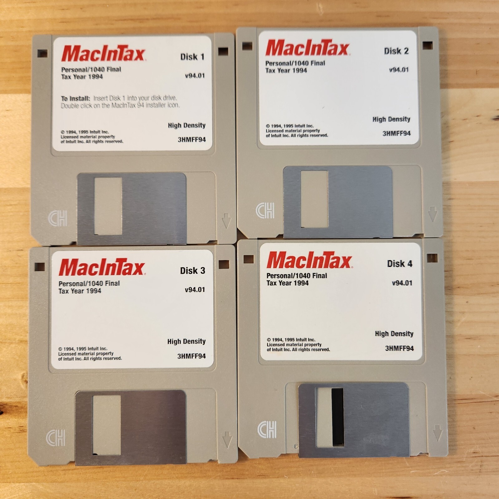 Intuit MacInTax Personal/1040 Final 1994 3.5" Floppy Disks, Disks 1 2 3 4
