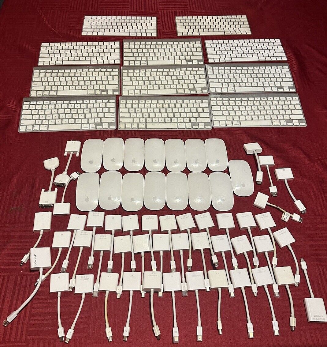 Lot of 15 Apple Mice a1644, 11 Wireless Keyboards, 44 AV/VGA/DVI/HDMI Cable READ