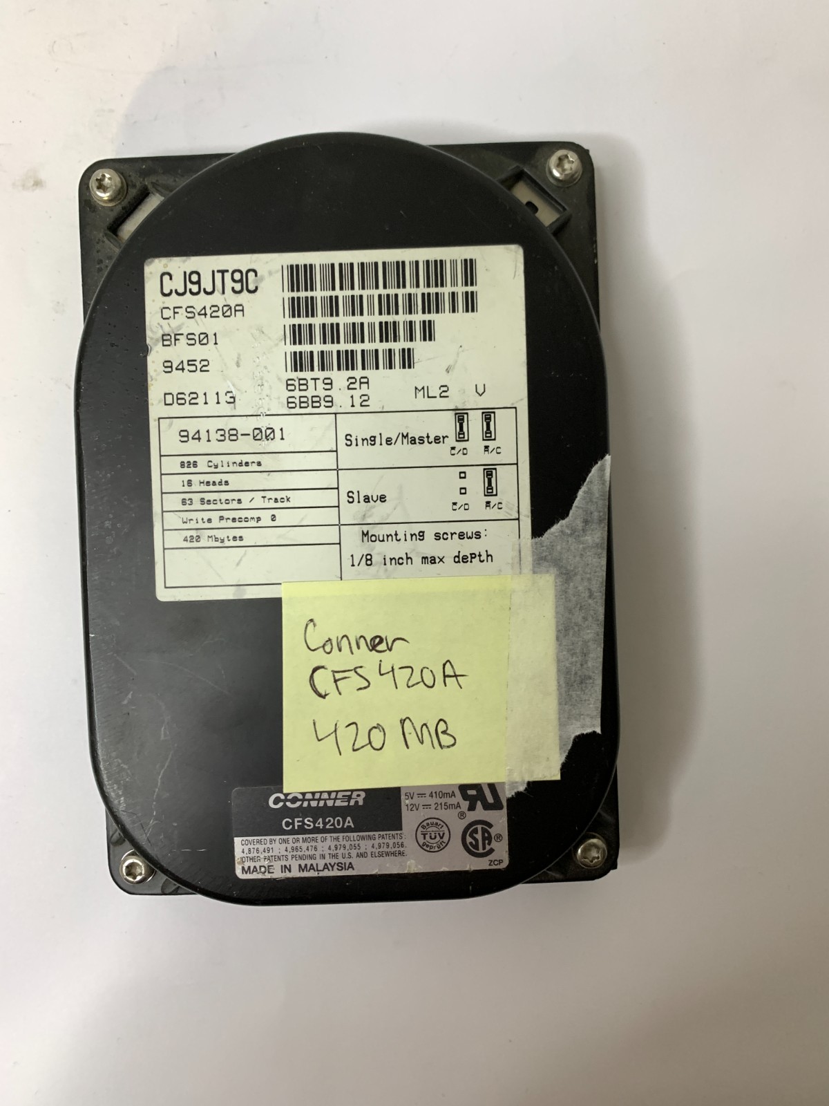 Vintage ConnerCFS420A 420MB 32KB Cache 3600U/min IDE 3.5'' - Working