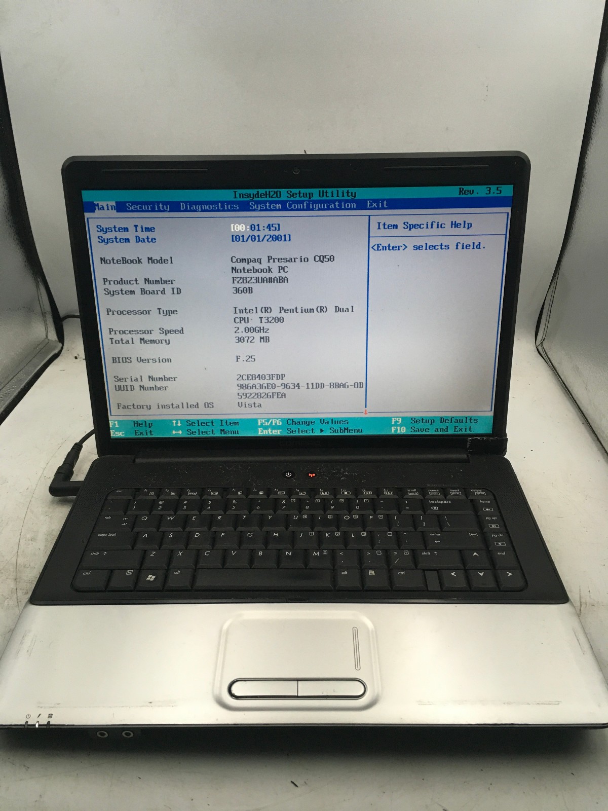 HP COMPAQ PRESARIO CQ50 - BOOTS TO BIOS - INTEL PENTIUM T3200 - 3GB RAM -READ-BB