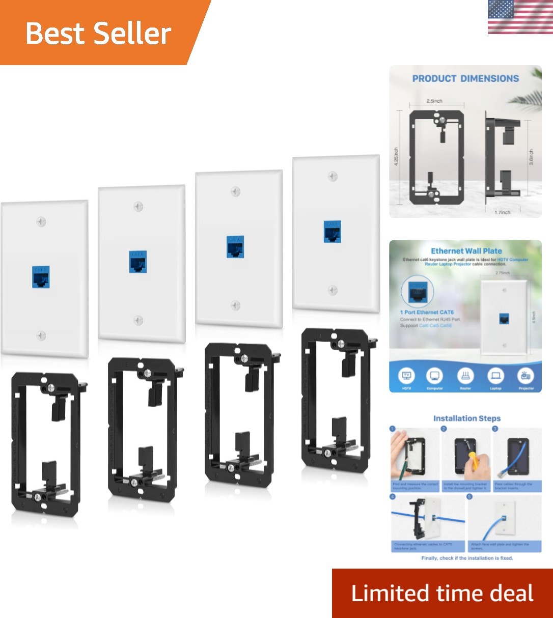 Compact 4 Pack Ethernet Wall Plates & Keystone Jacks for Clean Cable Management