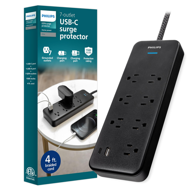 Philips 7-Outlet Adapter Spaced Surge Protector 4Ft Braided Cord Power Strip