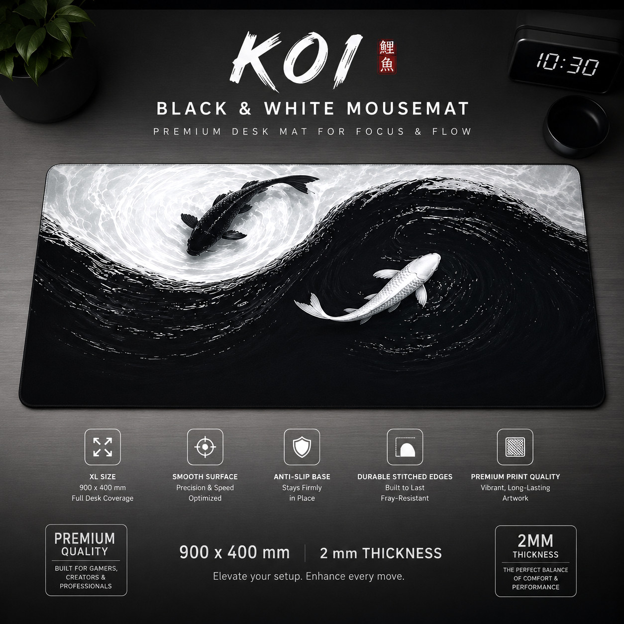 Yin Yang Koi Mouse Mat XL | Gaming Mouse Pad | Premium | 900x400x2mm
