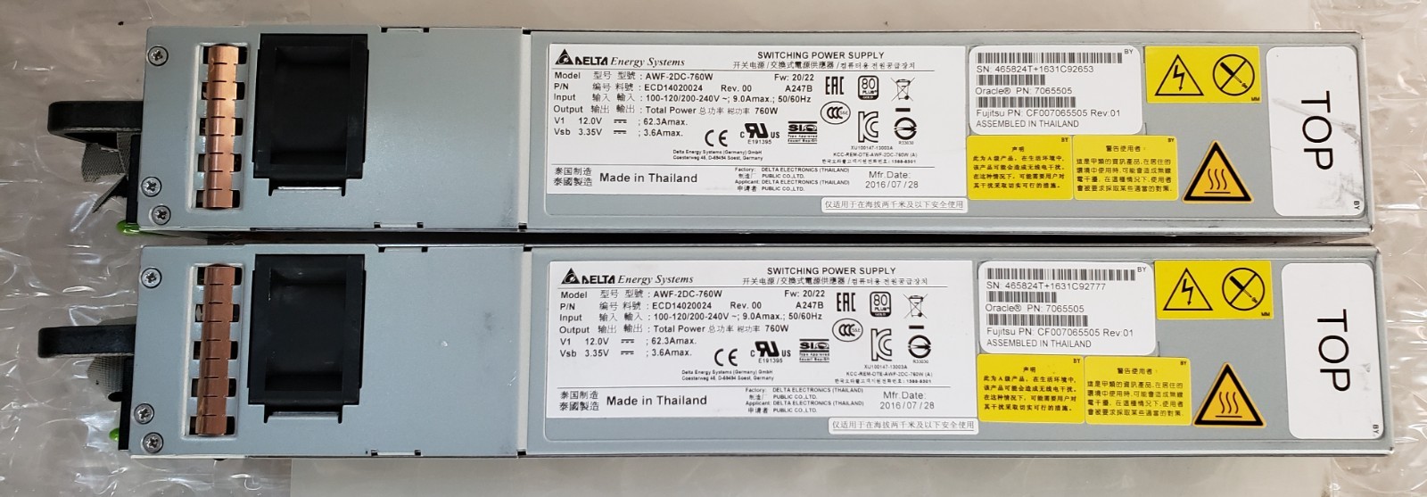 Pair of Oracle Delta AWF-2DC-760W 760W 7065505 Switching Power Supply