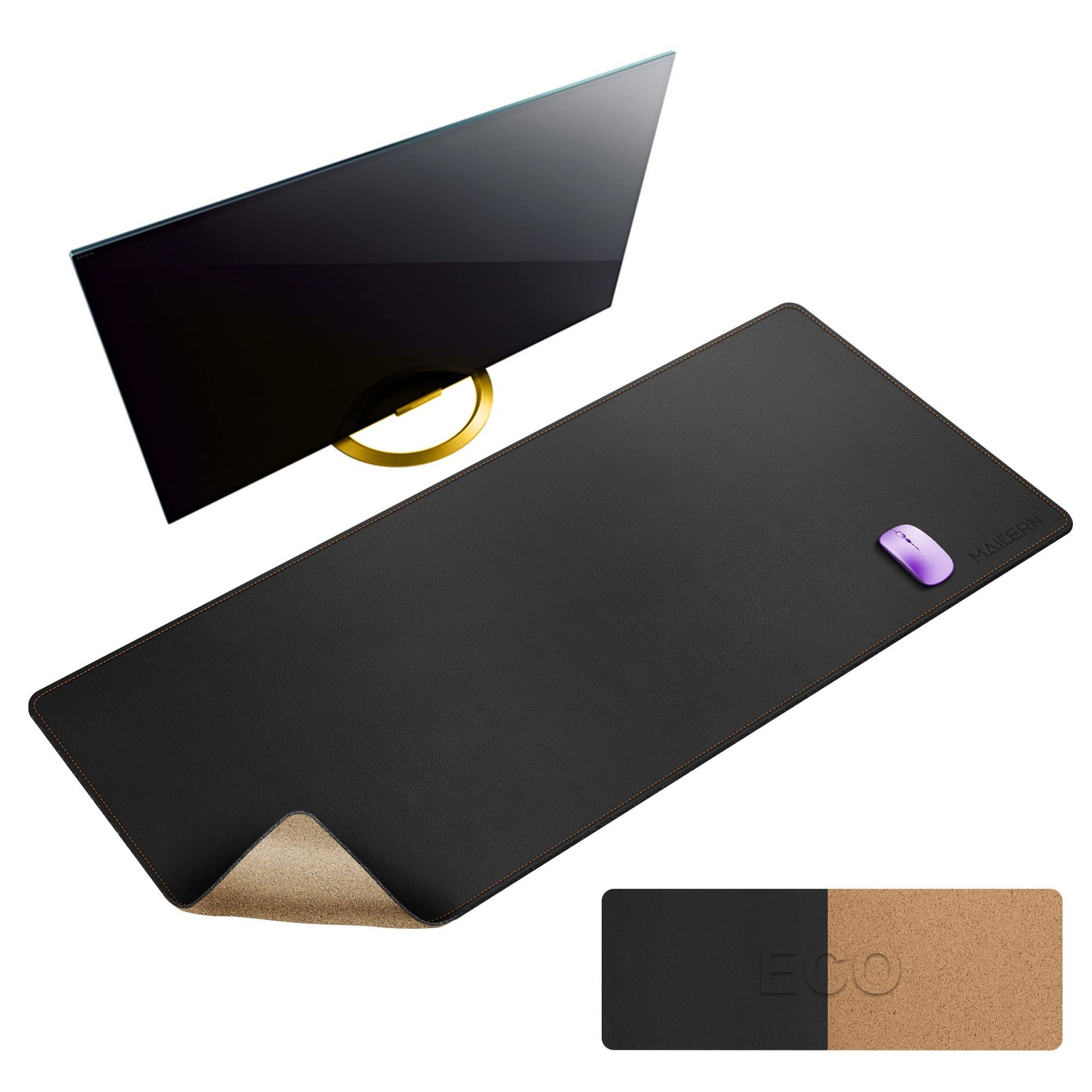 XXL Reversible Cork Leather Desk Mat Full Mouse Pad Black 47.2x23.6 Inch
