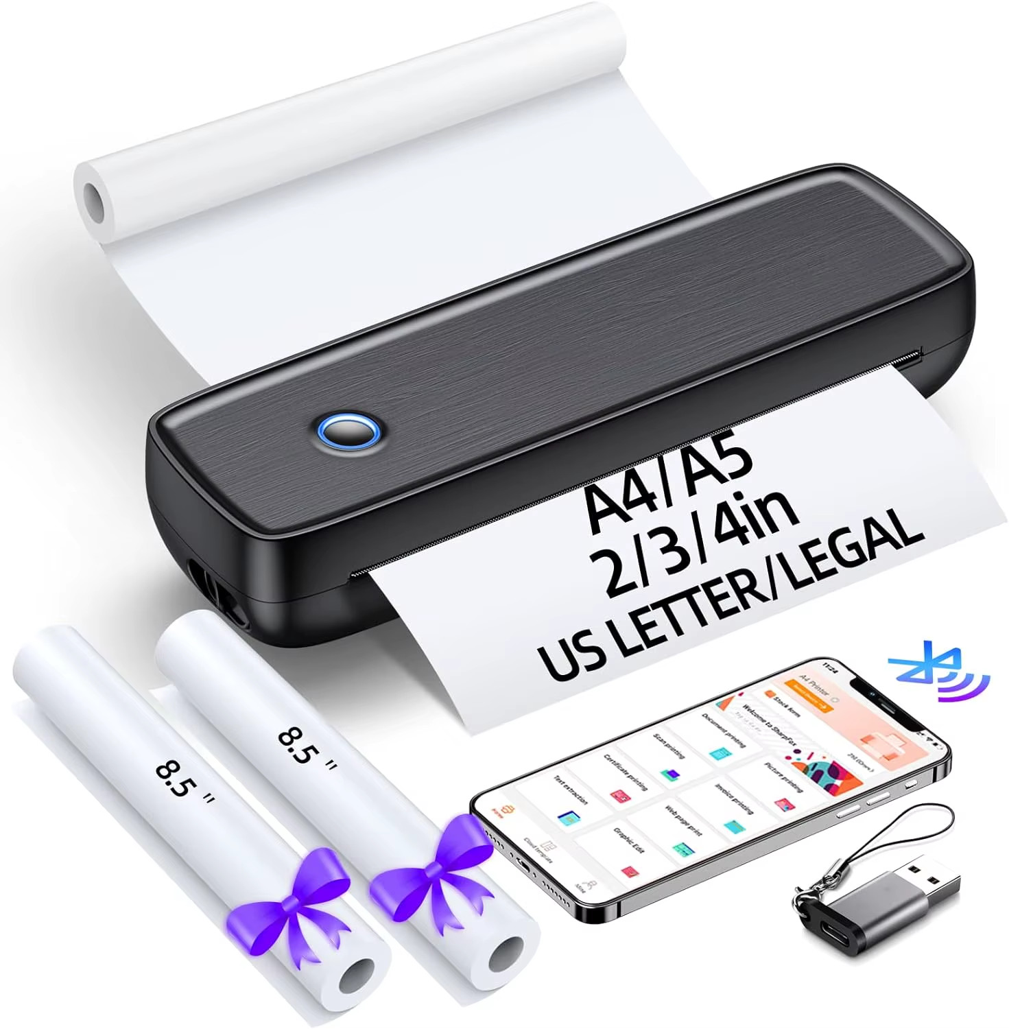 Portable Wireless Bluetooth Thermal Inkless Printer - Support US Letter &Legal, 