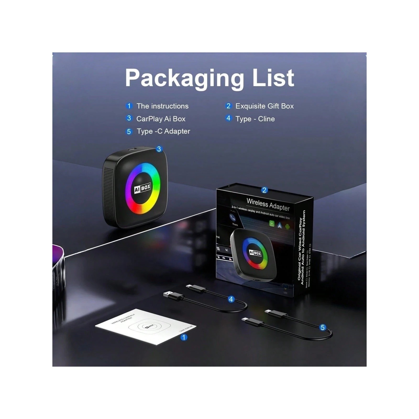 Wireless CarPlay Adapter AI Box RGB Light Ring Plug and Play Black