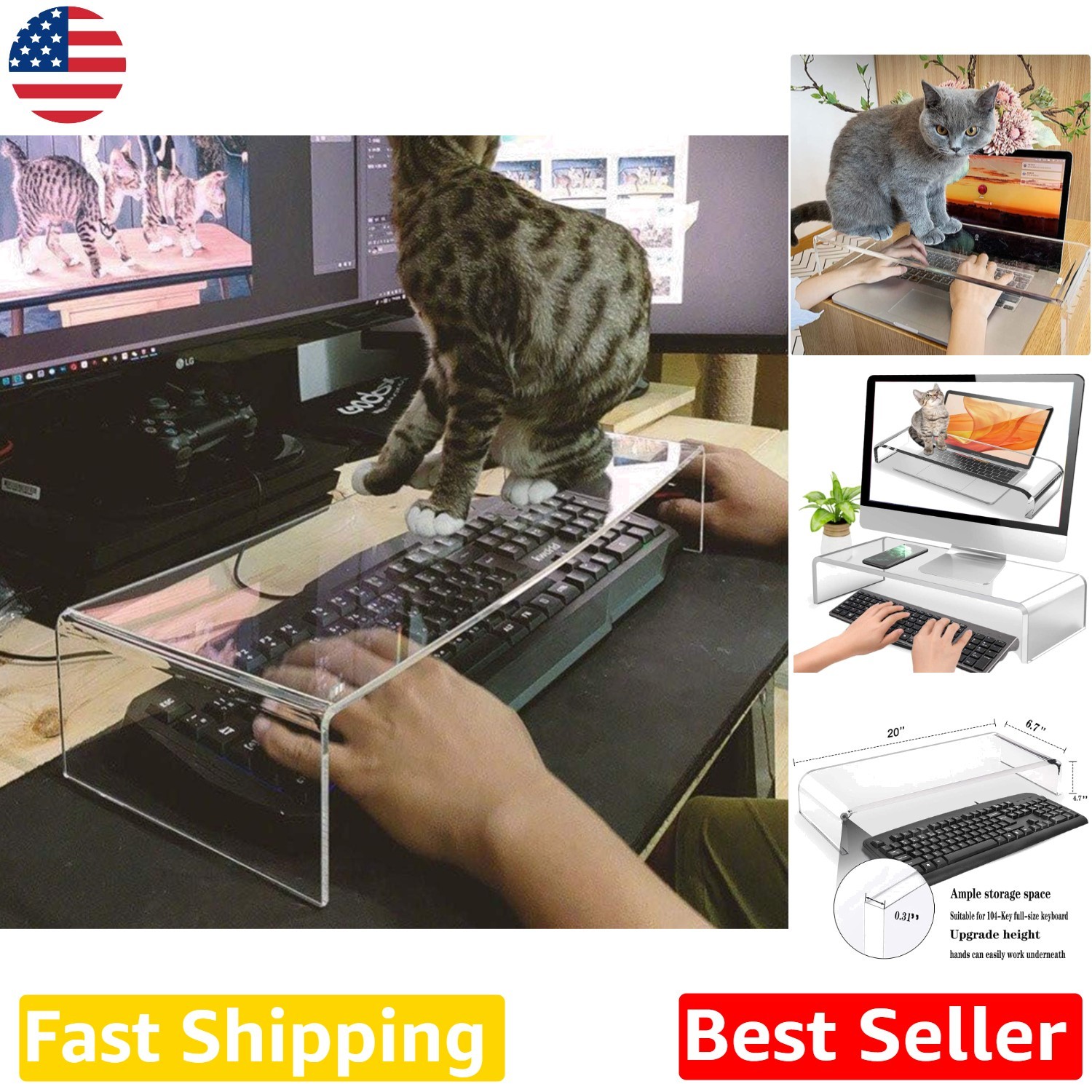 Acrylic Keyboard Protector & Monitor Stand, Anti-Dust, 40lb Cap