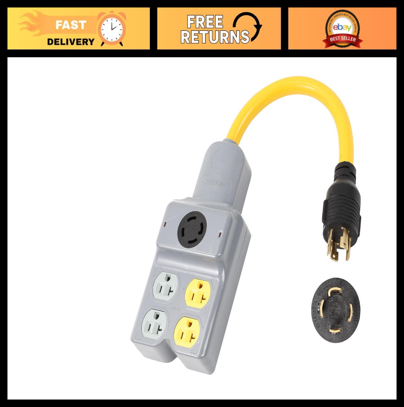 30 Amp 4-Prong Twist Lock Power Cord Adapter, 1.5ft 5 Outlet for RV & Generator