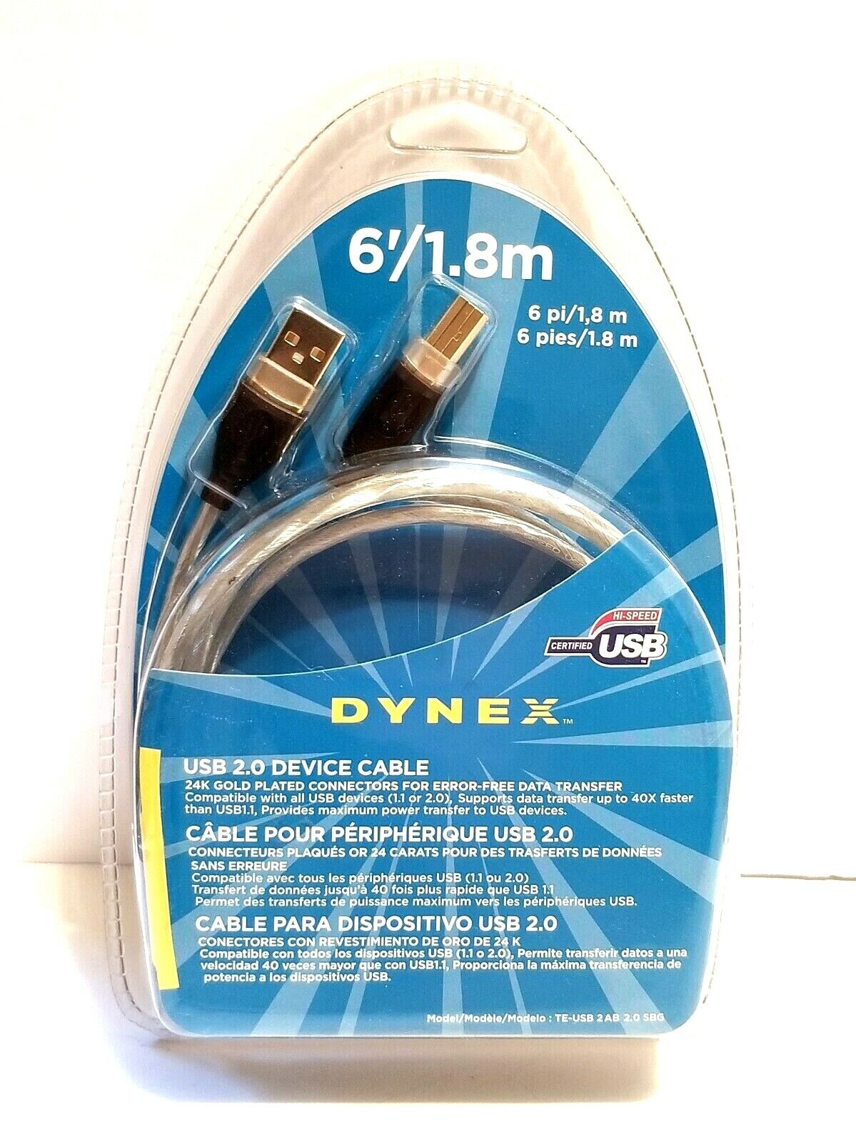 Dynex 6 ft Male A to B USB 2.0 Printer/Device Cable 24K Gold Plated Connectors