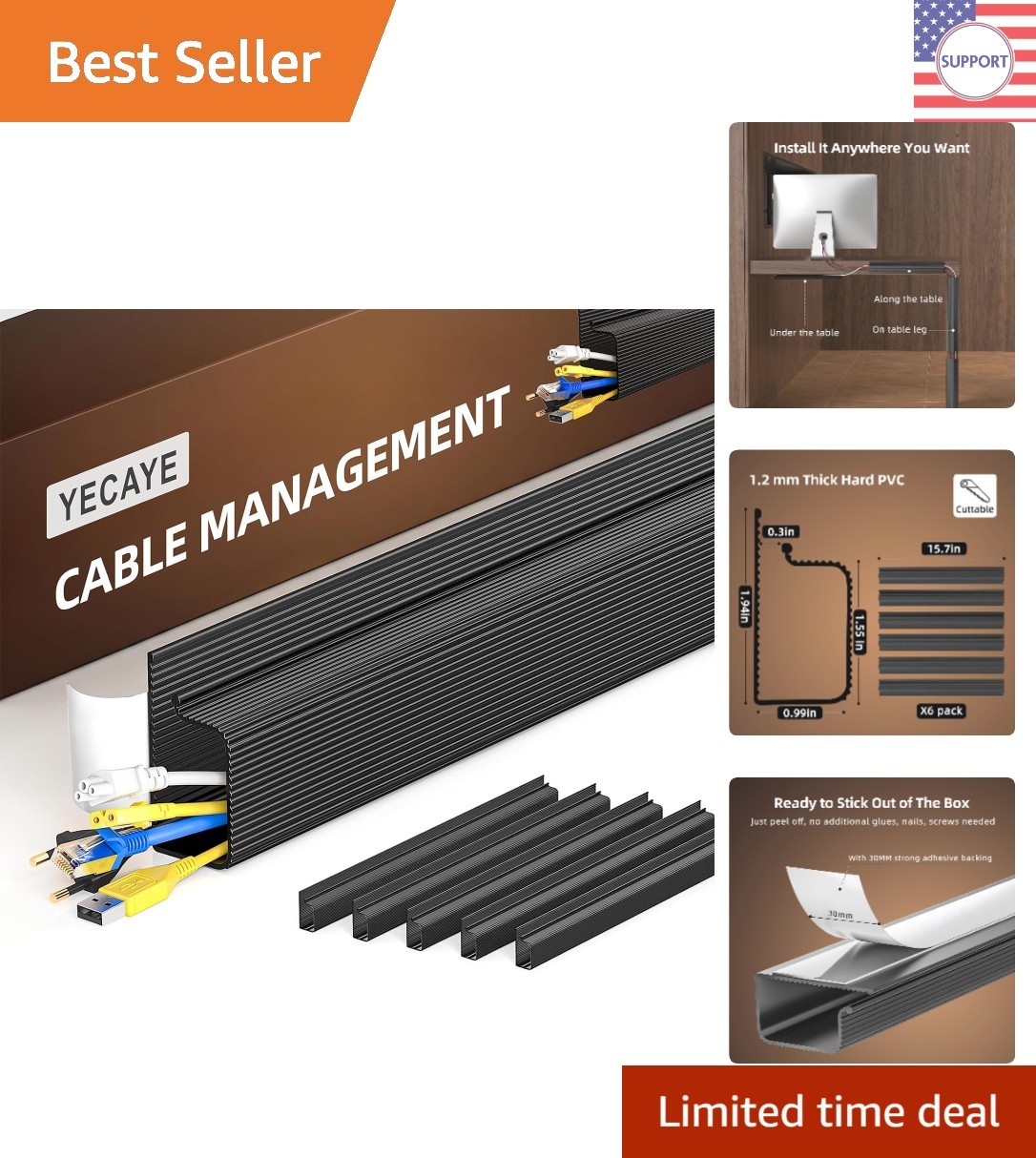 Flame-Retardant Cable Management Solution: 6 Pack Under Desk Organizer in Black