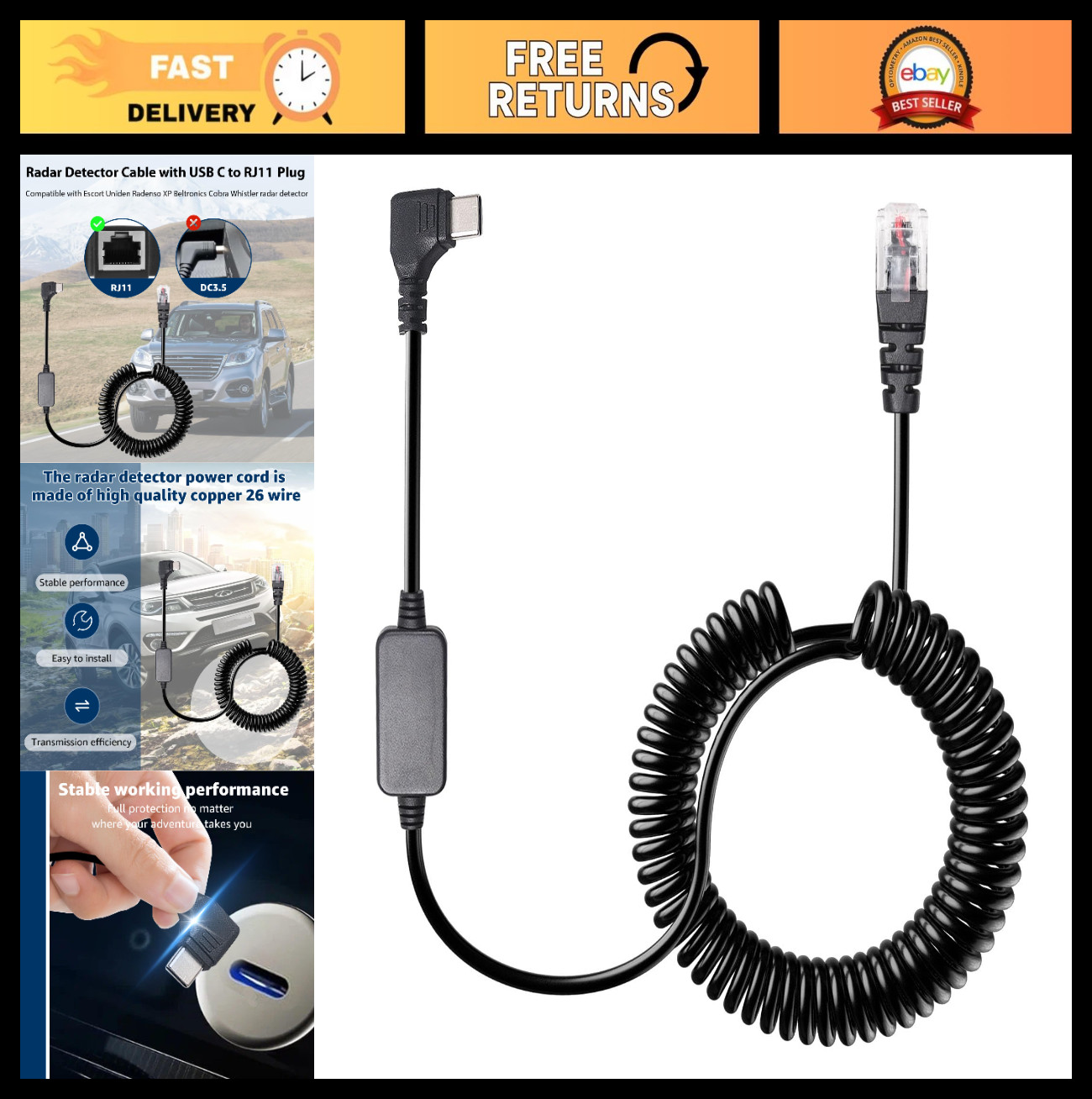 Coiled USB C to RJ11 Power Cord for Radar Detectors - Compatible with Escort & U