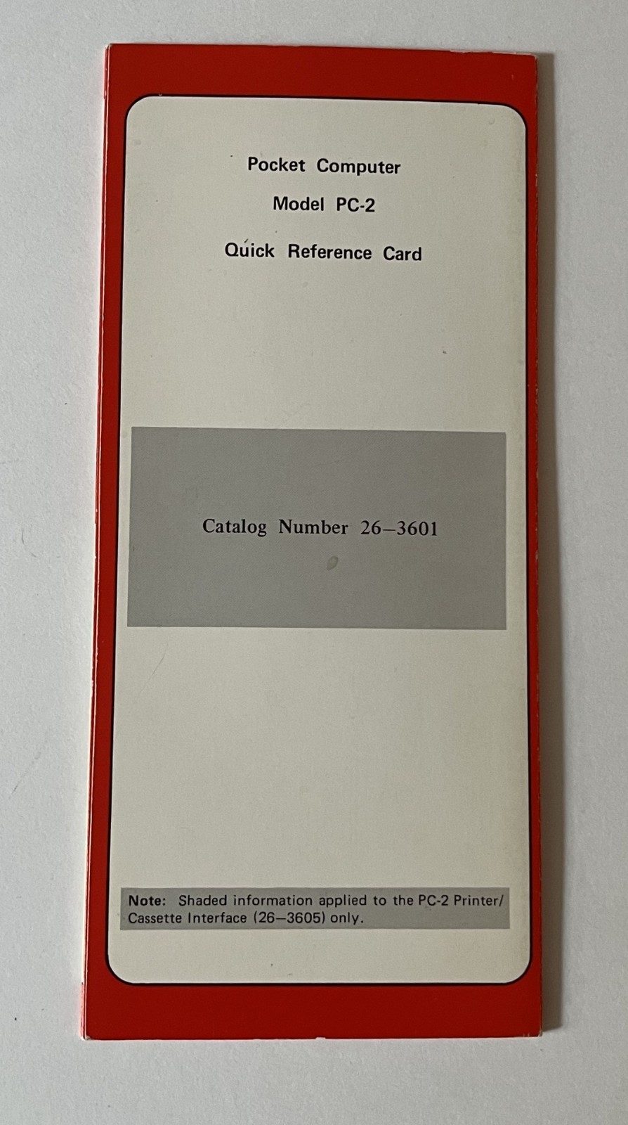 Radio Shack PC-2 Pocket Computer Quick Reference Card  26-3601  Tandy