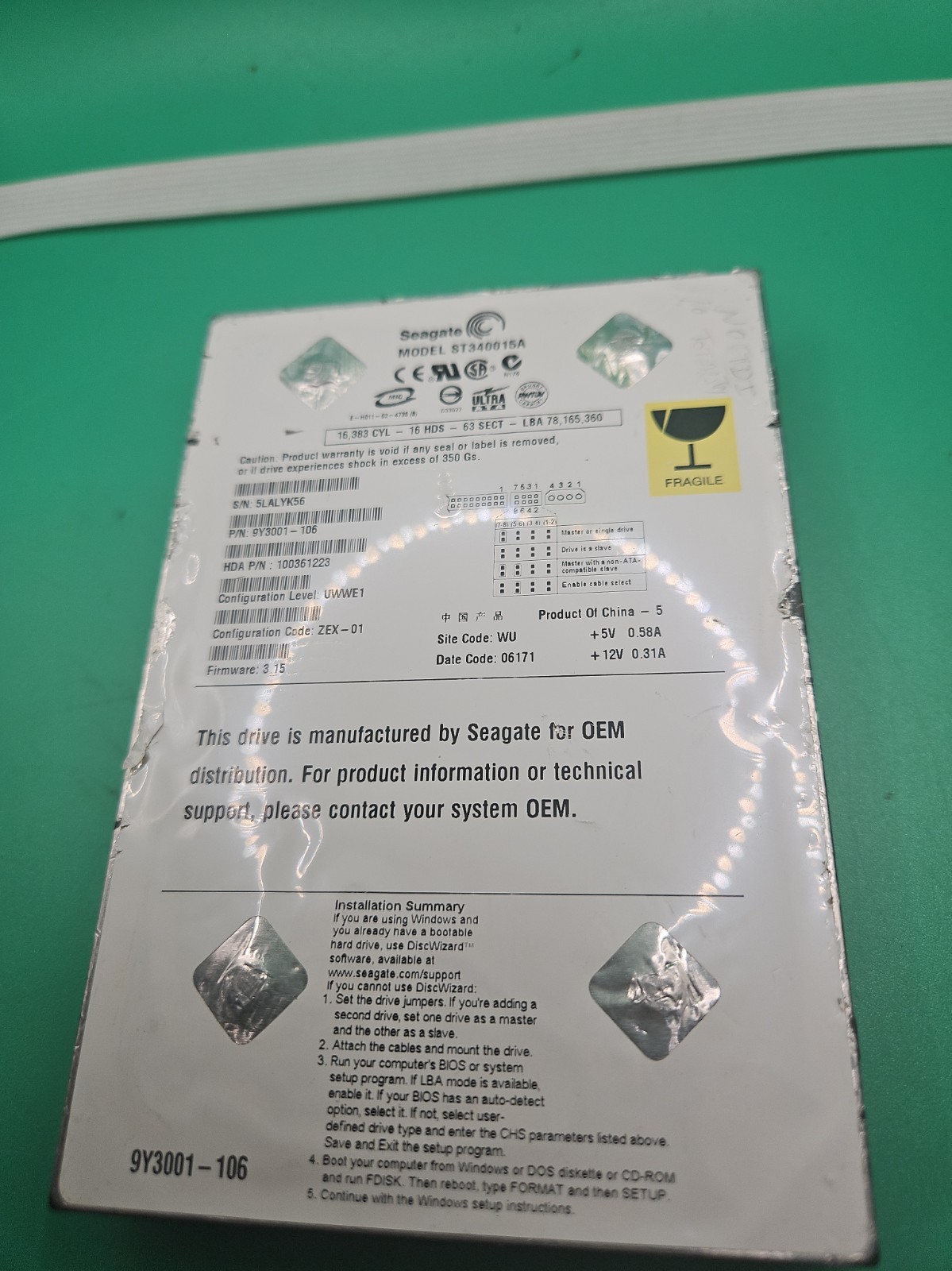 Seagate ST340015A Hard Disk Drive | Barracada 40GB ATA/100 HD 12.5MS 5400RPM 