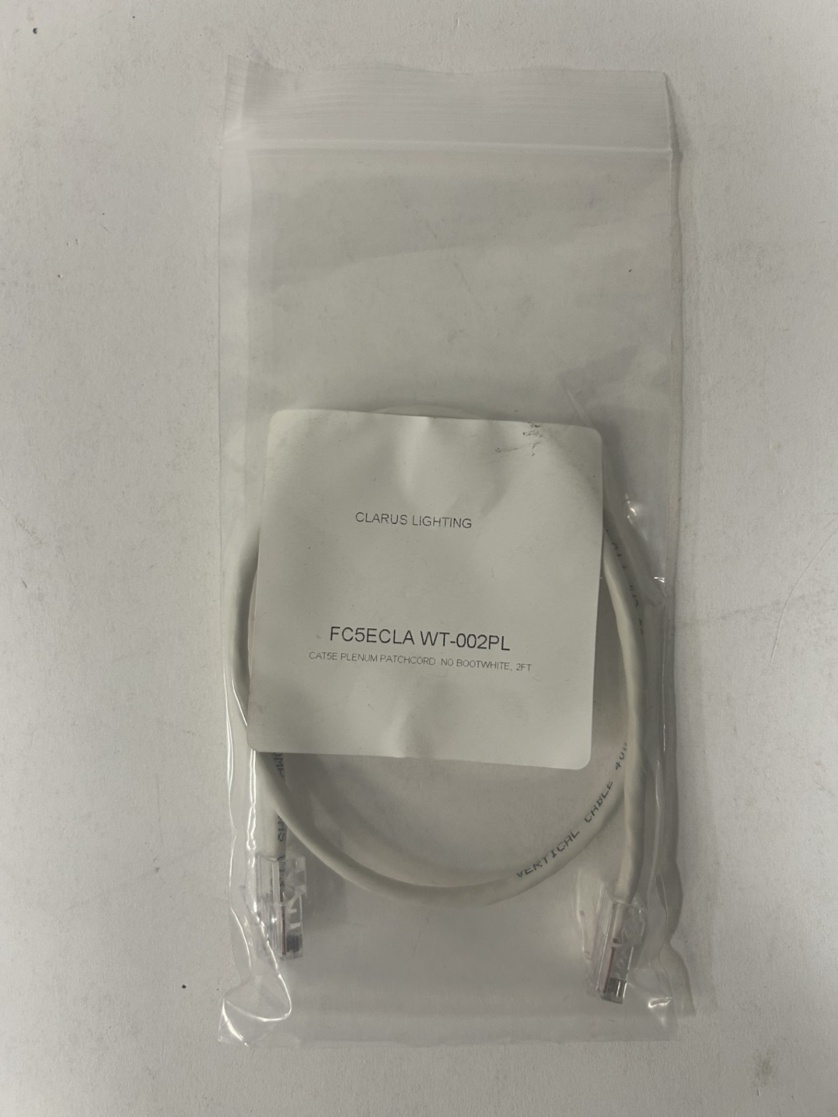 Clarus FC5ECLA WT-002PL Plenum Patchcord no bootwhite cable 2FT