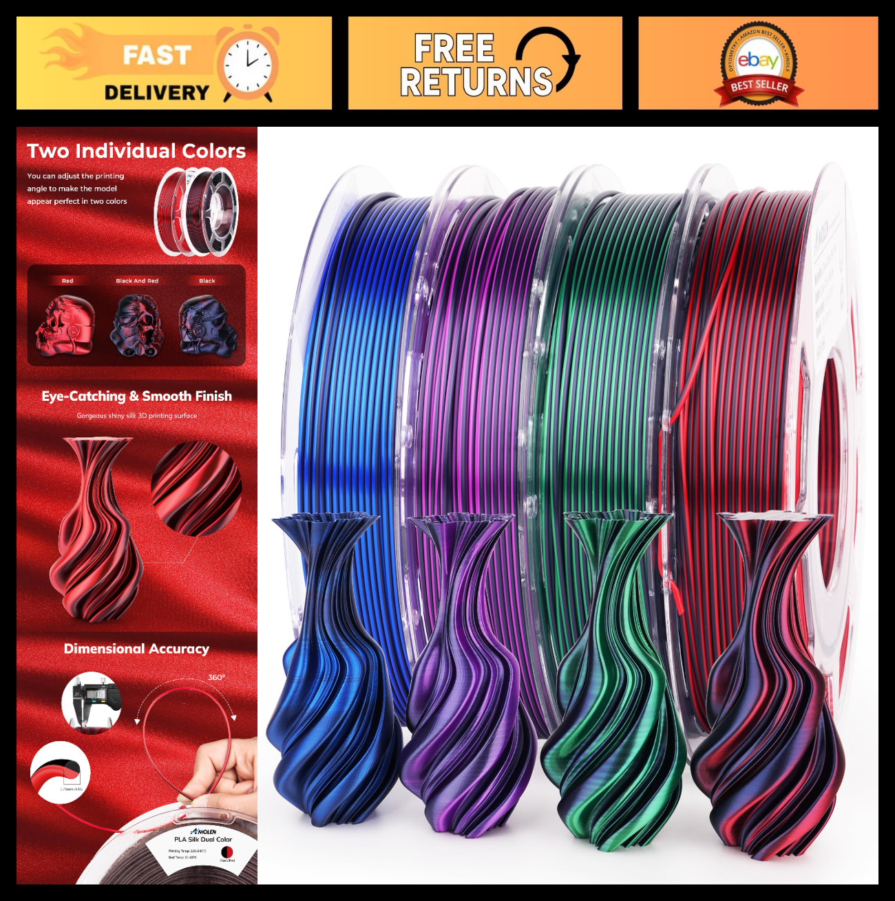 Shiny Dual Color PLA 3D Printer Filament Bundle - 1.75mm Color Change Pack, 4 Sp