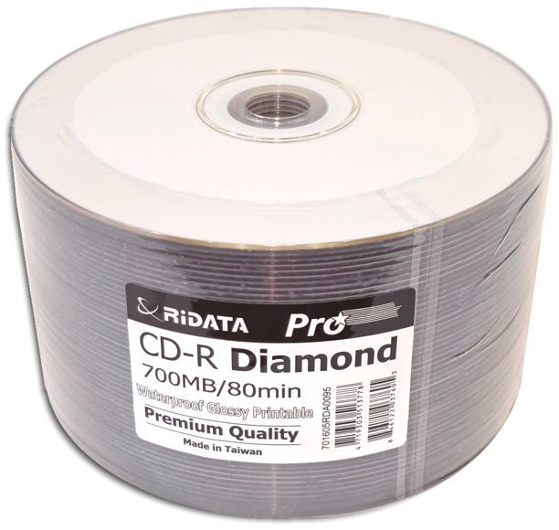 600-Pak Ridata Pro WATERPROOF GLOSSY White Inkjet Hub DIAMONDSILVER 80-Min CD-Rs