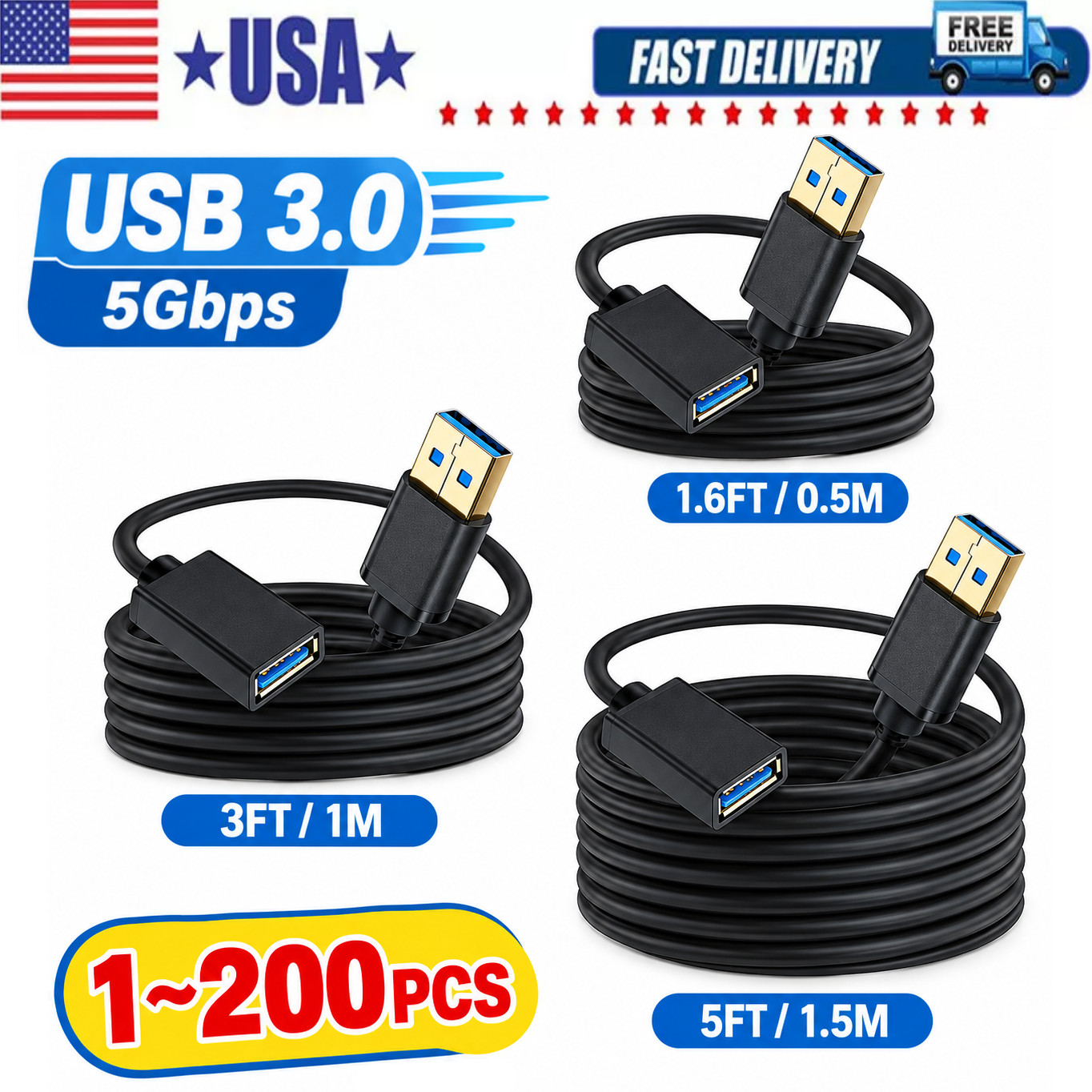 USB3.0 Extension Cable High Speed Extender Cord Adapter TypeA Male to Female Lot