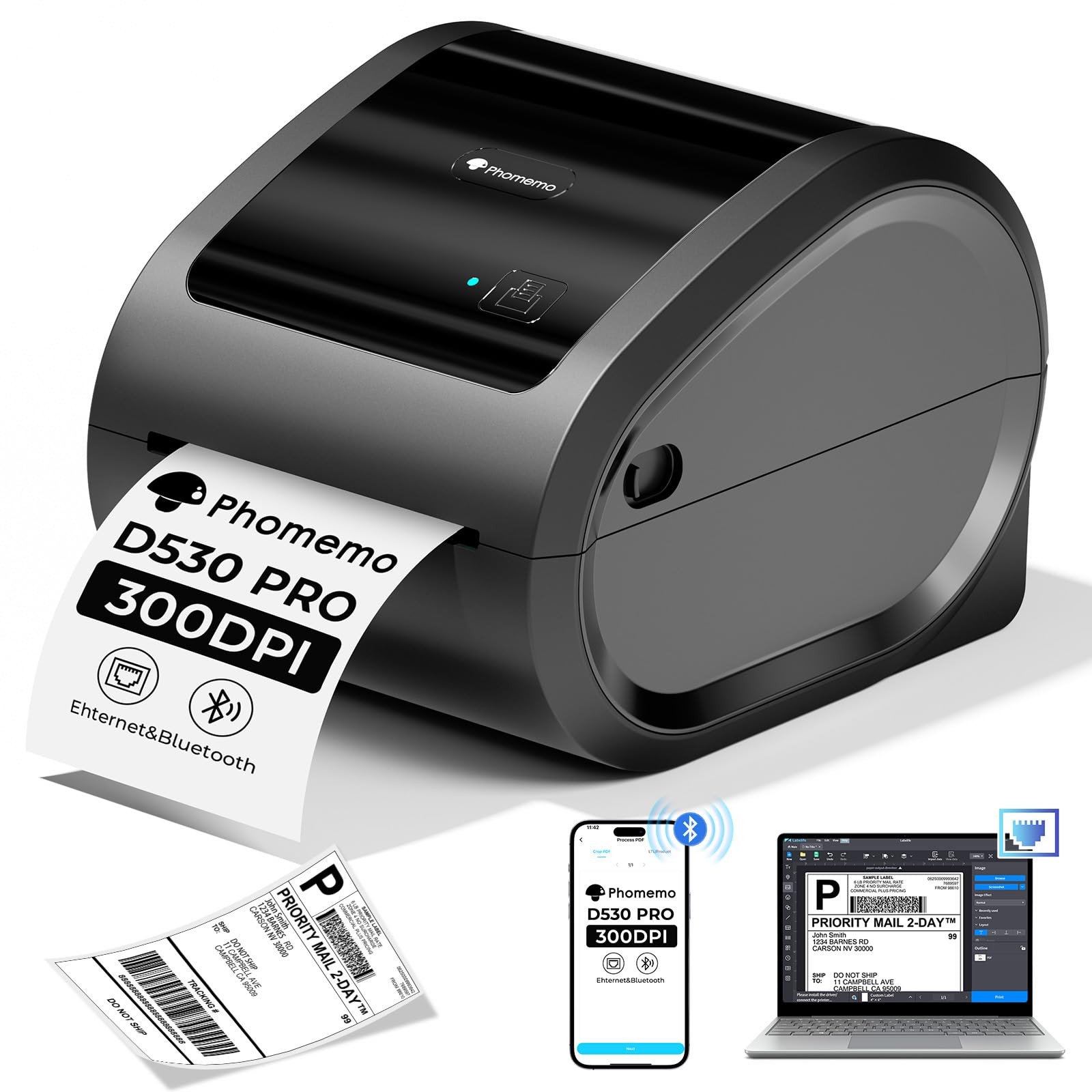 Phomemo 300DPI Ethernet Thermal Label Printer 4x6 with Built-in Paper Bin