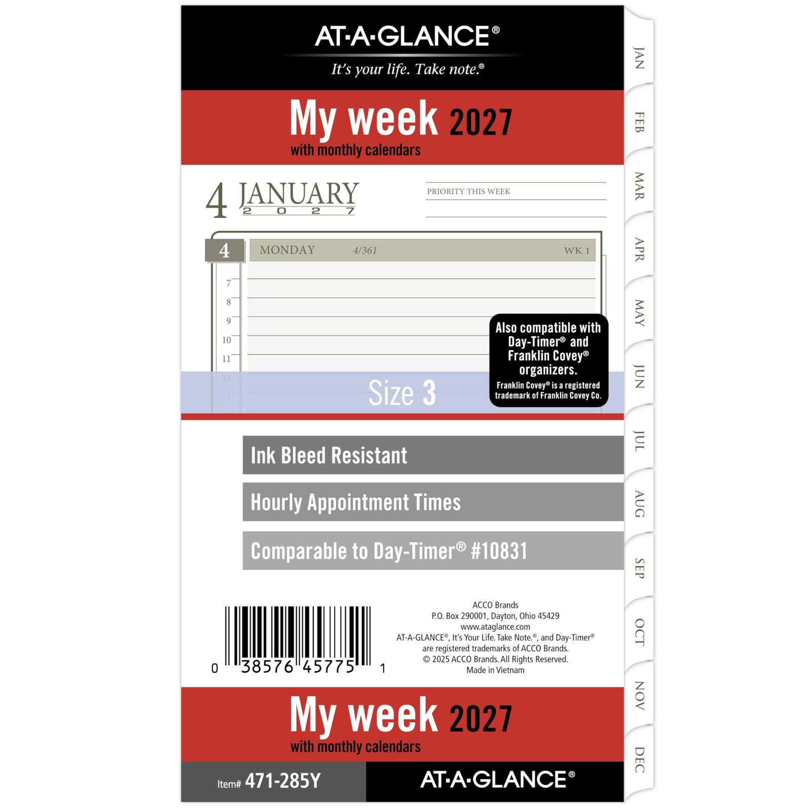 Planner Refill Weekly Monthly 3.75 x 6.75 Tabbed 6 Ring 471-285Y Portable 2027