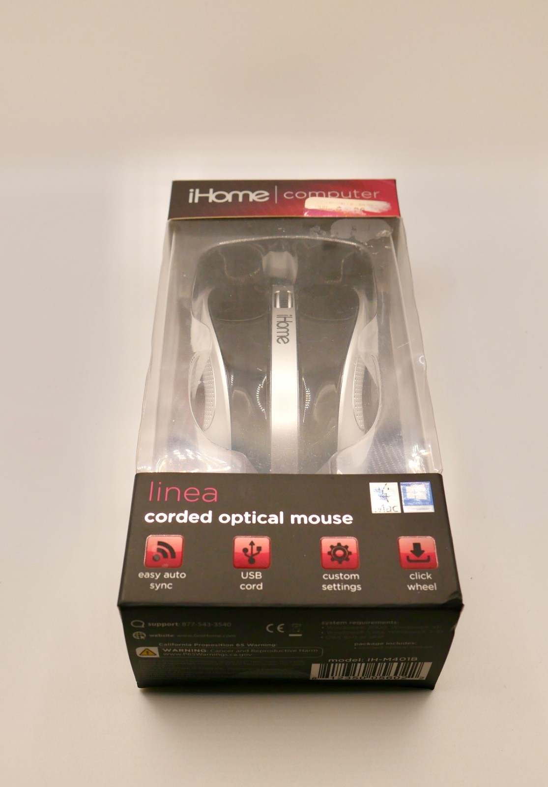 iHome Linea Corded Optical Mouse IH-M401B USB Mac PC Black Silver New