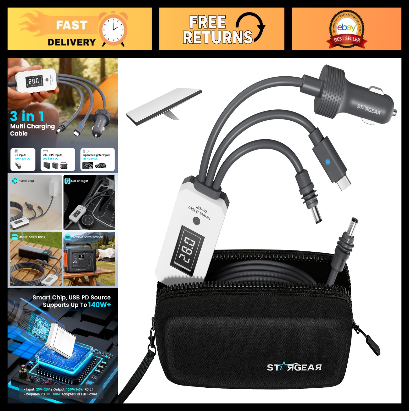 10FT Starlink Mini Power Cable - 3 in 1 with Voltage Display & On/Off Switch, US